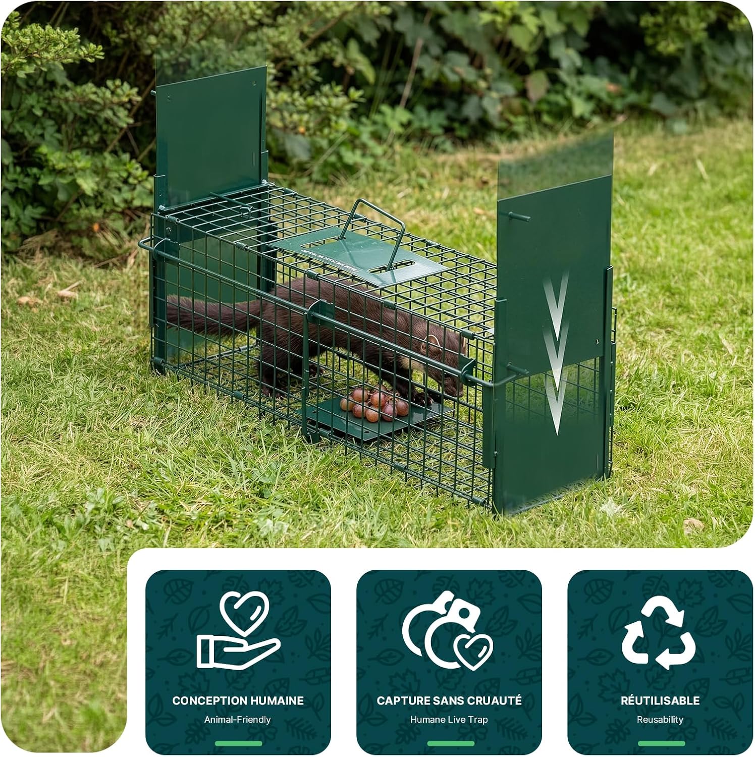 vounot® Piège à Animaux Vivants 60x18x25cm Cage de Capture sans Cruauté avec Poignée Trappe Réutilisable pour Rats Fouines Lapins Renard Usage Intérieur et Extérieur Vert — vue 5