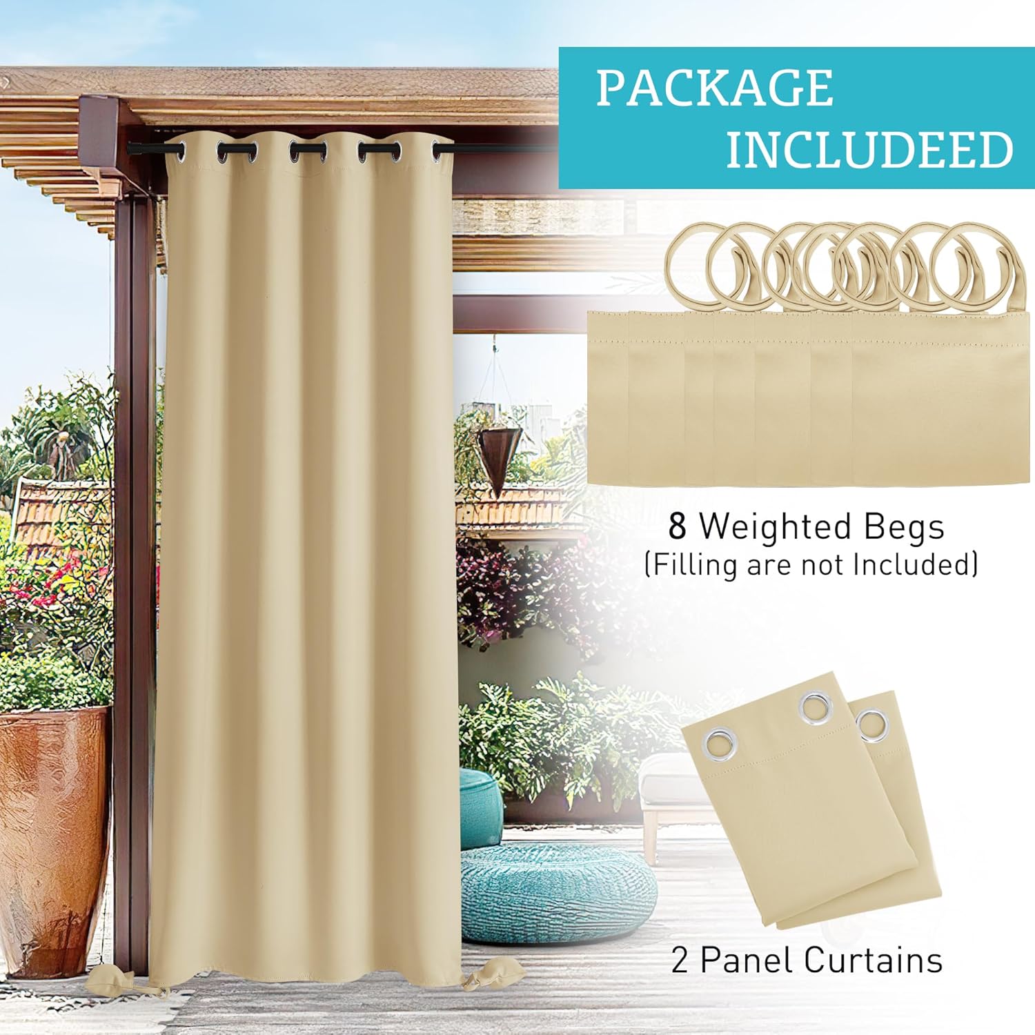 RYB HOME Outdoor Curtains Windproof - Waterproof Blackout Curtain with Weight Bags, Privacy Insulated Drapes for Patio Screen Porch Pergola Terrace Arbor, W 105" x L 84", Beige, 2 Panels