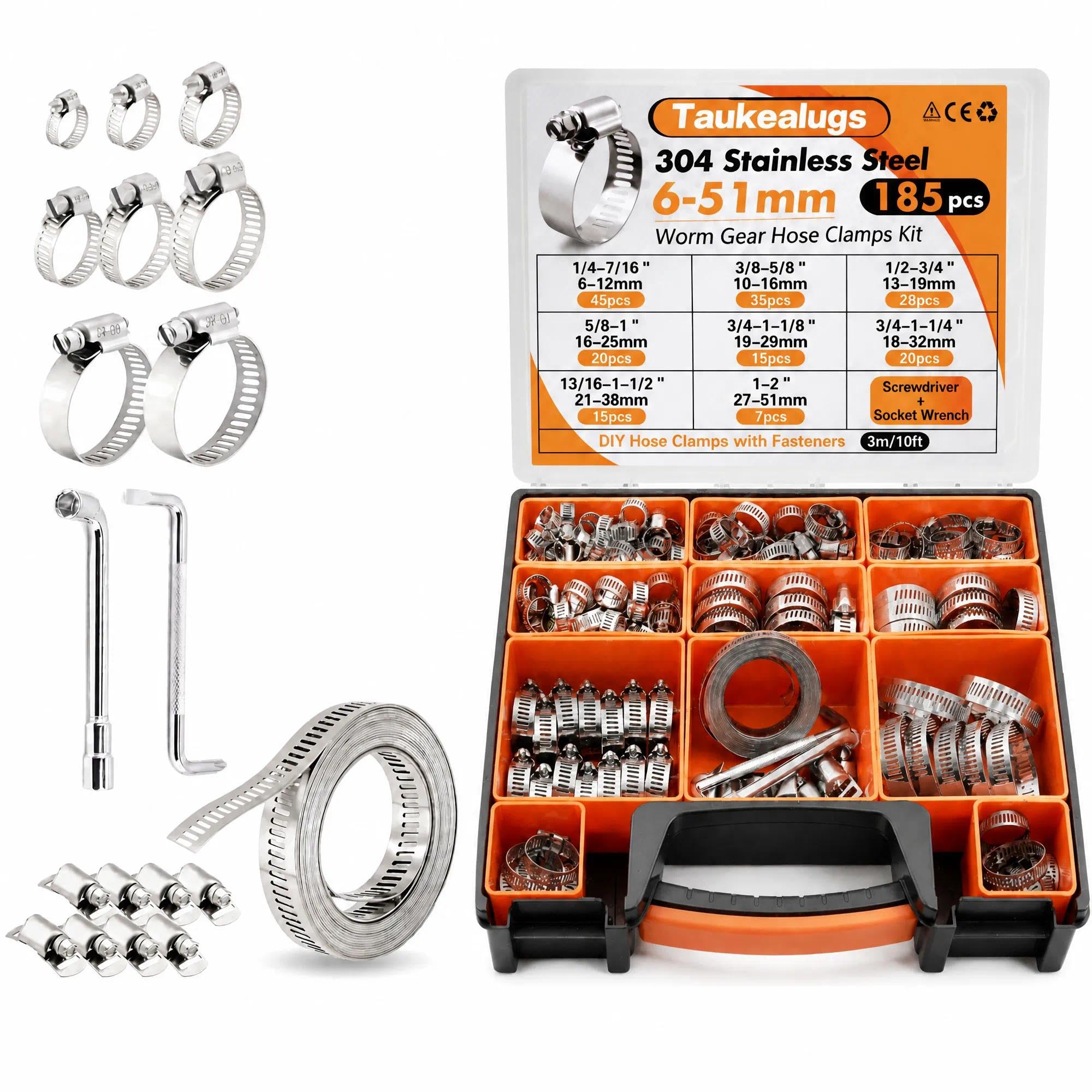 185 Pcs 304 Stainless Steel Hose Clamps, Metal Strap &amp; Strong Fasteners Set