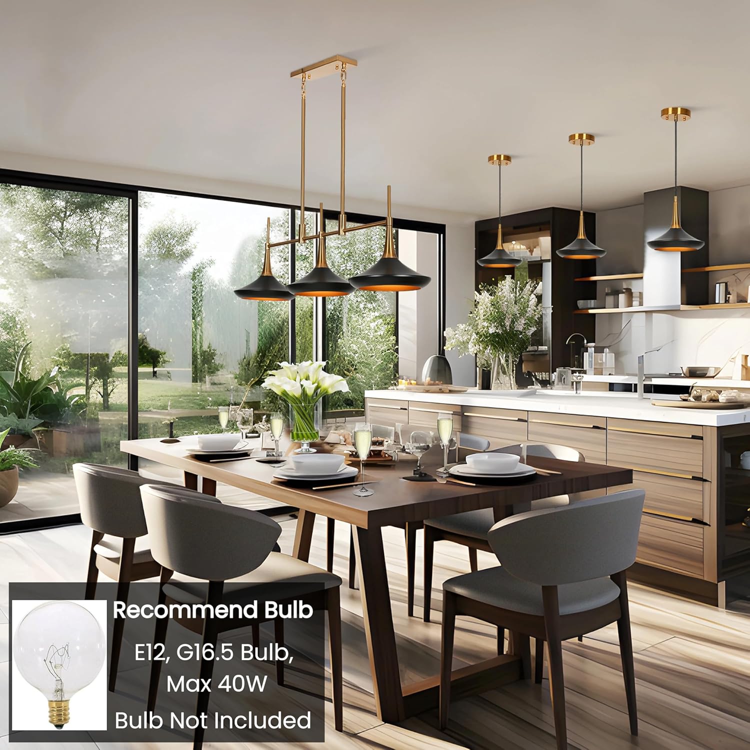KSANA 34.6'' Black and Gold Chandelier, 3-Light Modern Kitchen Island Lighting with Metal Shade (Interior in Gold), Matte Black and Plating Brass Dining Room Chandeliers Light Fixtures Over Table