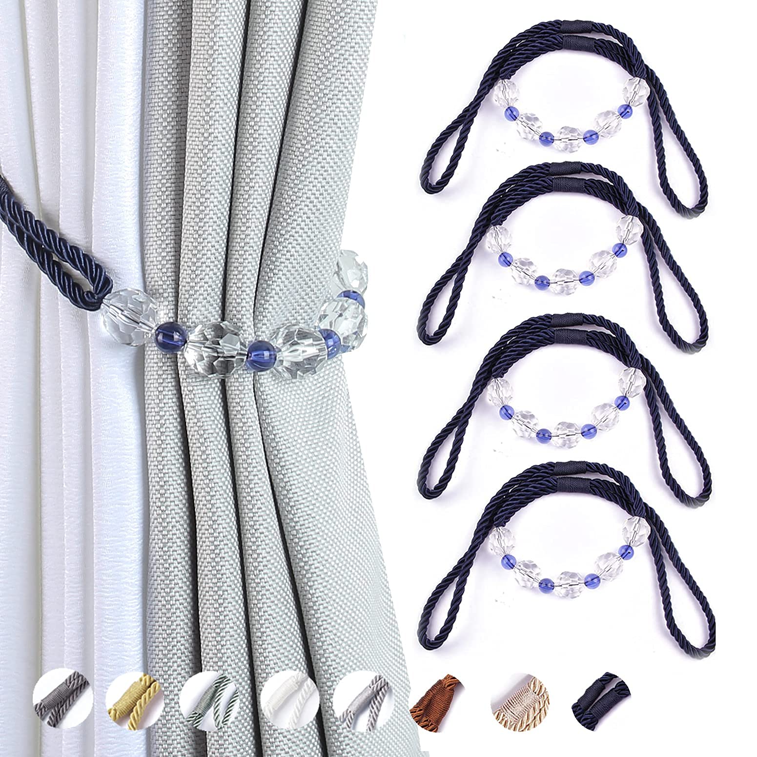 Tassel Curtain Tiebacks， Curtain Tiebacks 4 Pack Multicolor 31. inches Braided Rope With Crystal Beads(Navy Blue)
