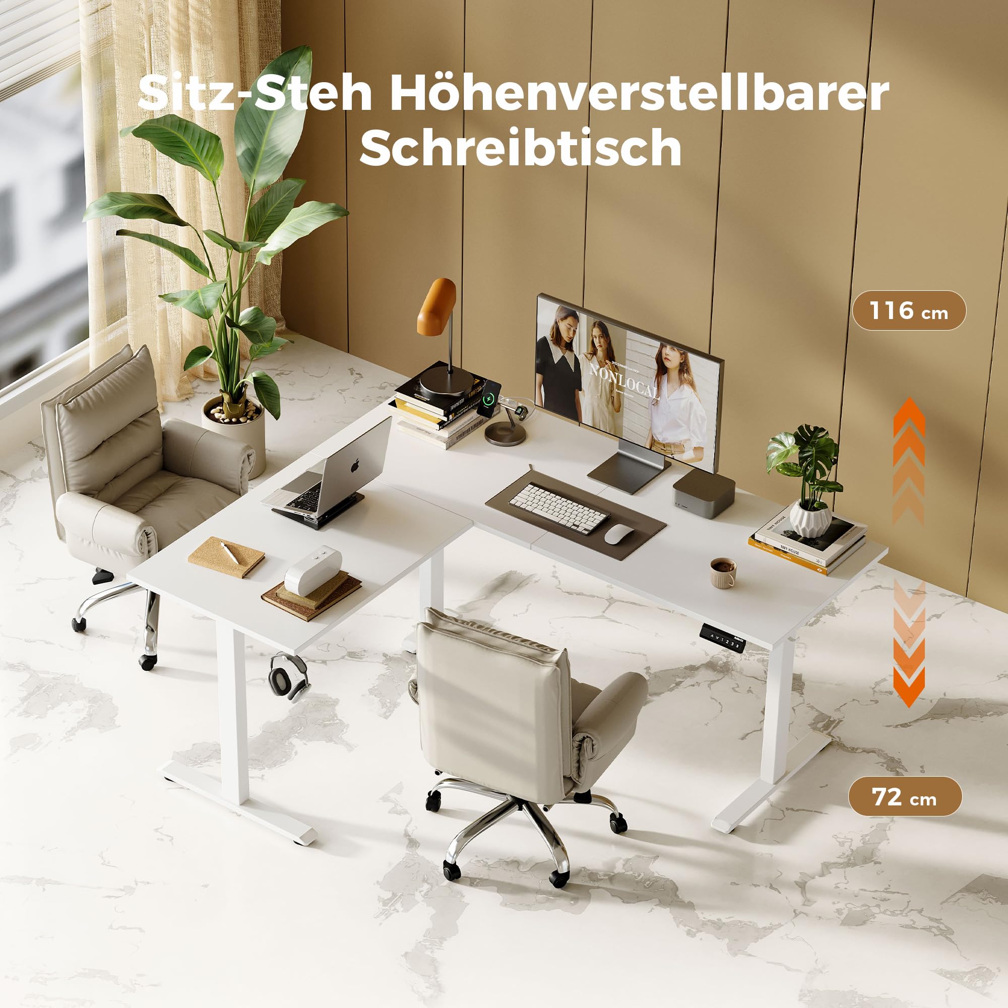 Agilestic L-förmig Höhenverstellbarer Schreibtisch mit den Maßen 190 x 155 cm, Ergonomischer Computertisch mit Stehen und Sitzen, Konzipiert für Eckräume, Weiß