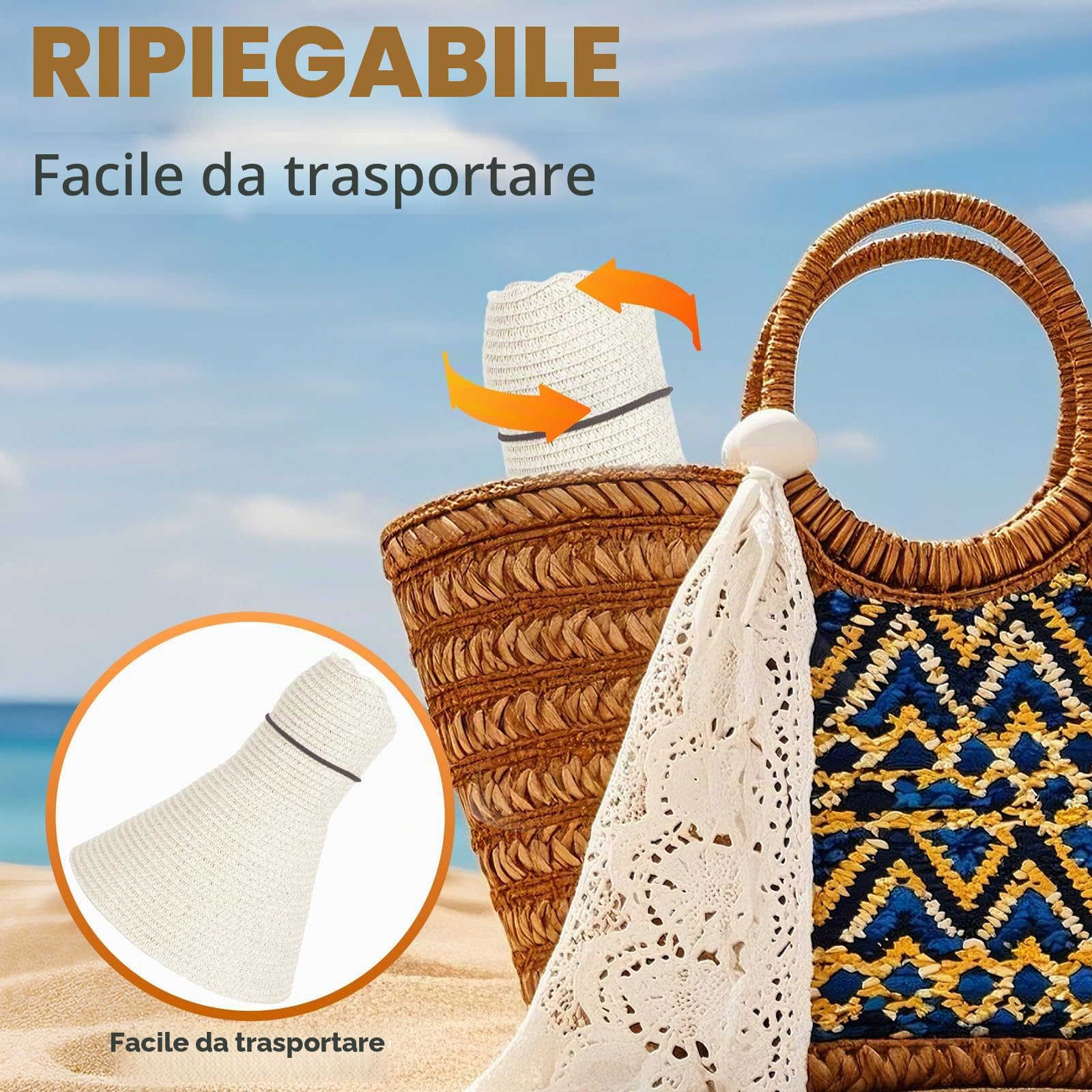 powerking Cappello da Sole di Paglia a Bordo Ampio, Cappello da Sole a Protezione UV per la Spiaggia Pieghevole per Le Donne