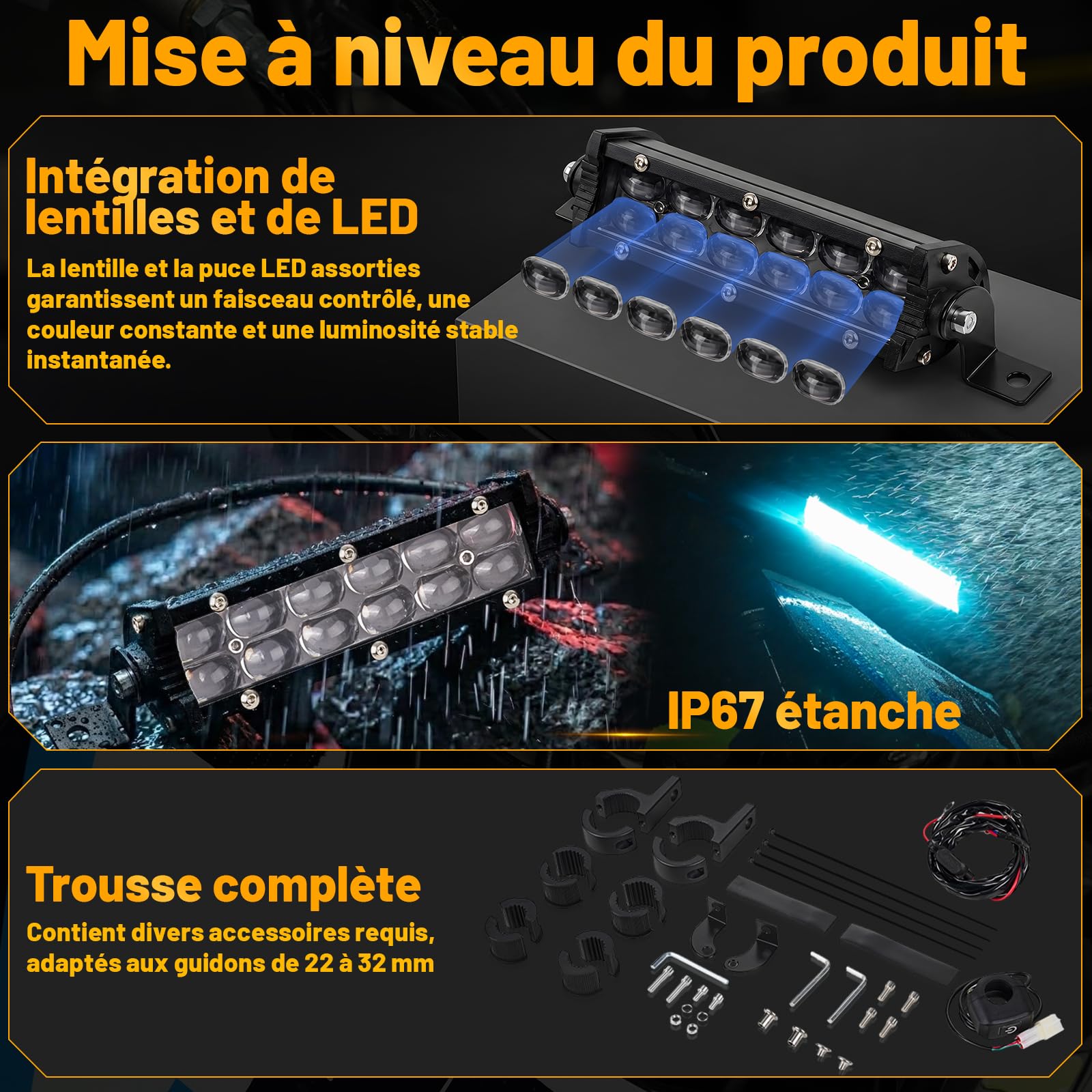 Phare Moto Barre Led Moto Cross Étanche Aluminium pour Enduro Dirt Pit Bike