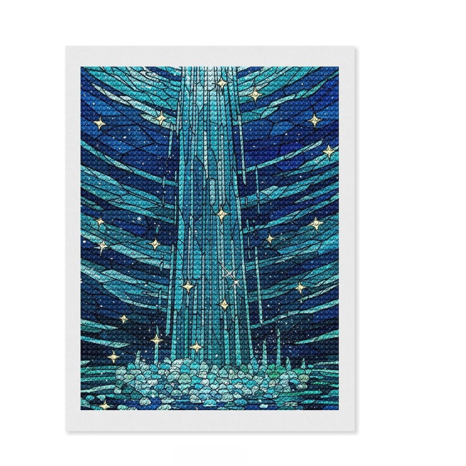 Junmoney Stained Glass Waterfall with Stars Diamond Art Canvas 12"x16", Relaxing DIY Hobby, Satisfying Creative Project, Farmhouse Decor, for Women