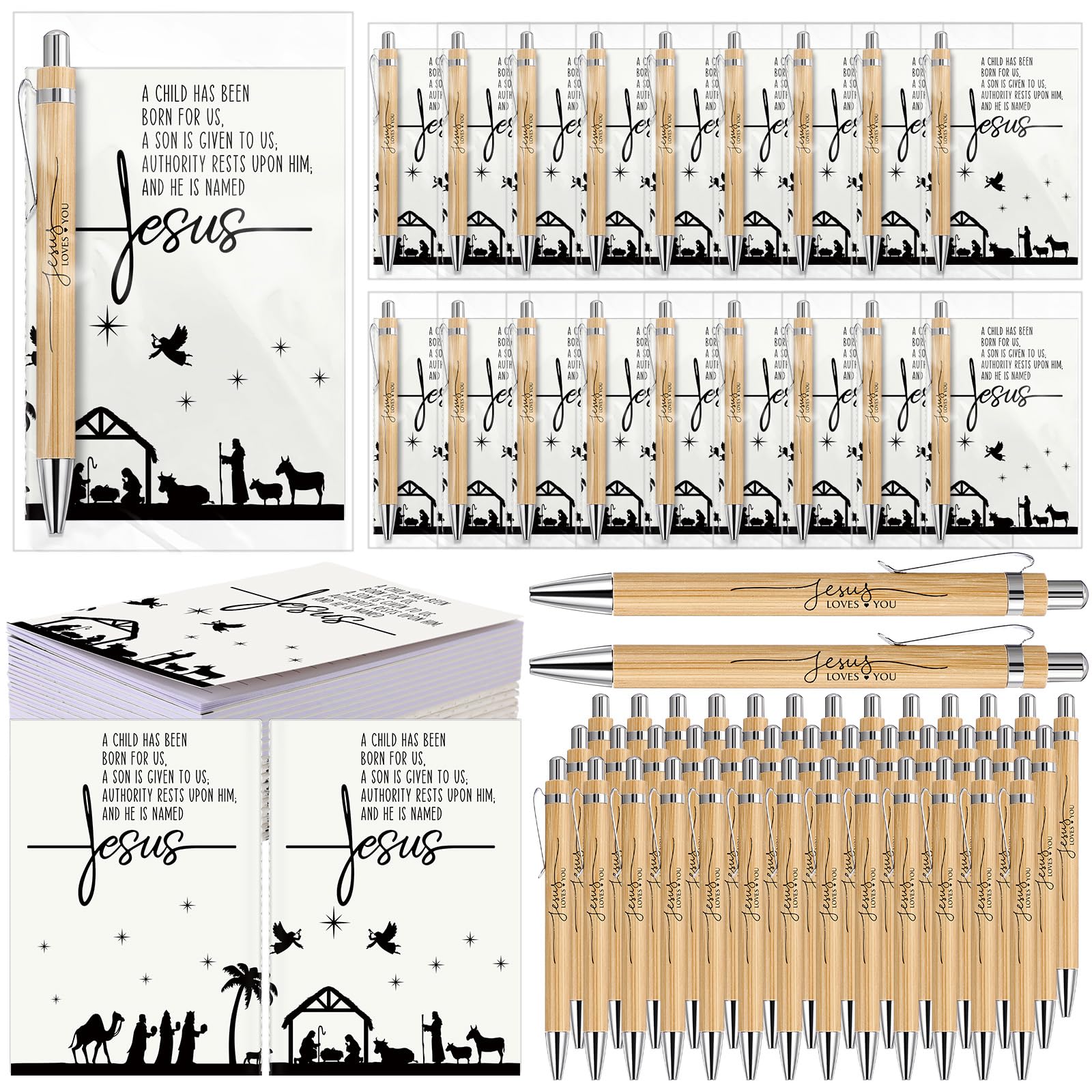 Eaasty 40 Sets Weihnachten Jesus Loves You Stift Geschenke Krippe Notizbuch Bibel Christian Bambus Stifte Inspirierende Gebet Notizblock Religiöse Geschenke für Kirche Sonntag Schule