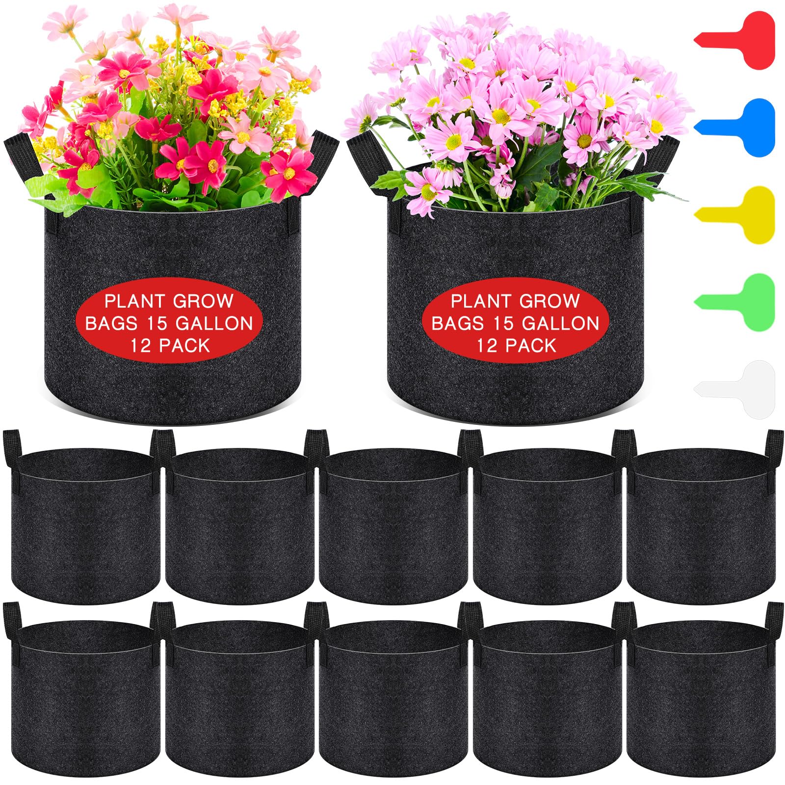 Tanlade Lot de 12 sacs de culture pour légumes, fleurs, plantes en vrac, très résistants, en tissu aéré épais, avec 12 étiquettes pour plantes avec poignées, sacs de culture de pommes de terre,