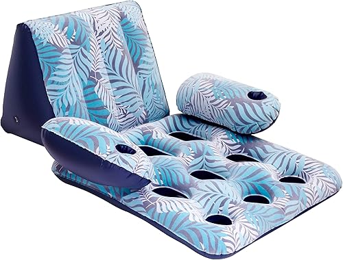 Miniatura 5 de Aqua Deluxe Silla de piscina con contorno, tela de lujo,piscina para sentarse al sol, flotador para adultos, alta resistencia, helechos azulblanco.