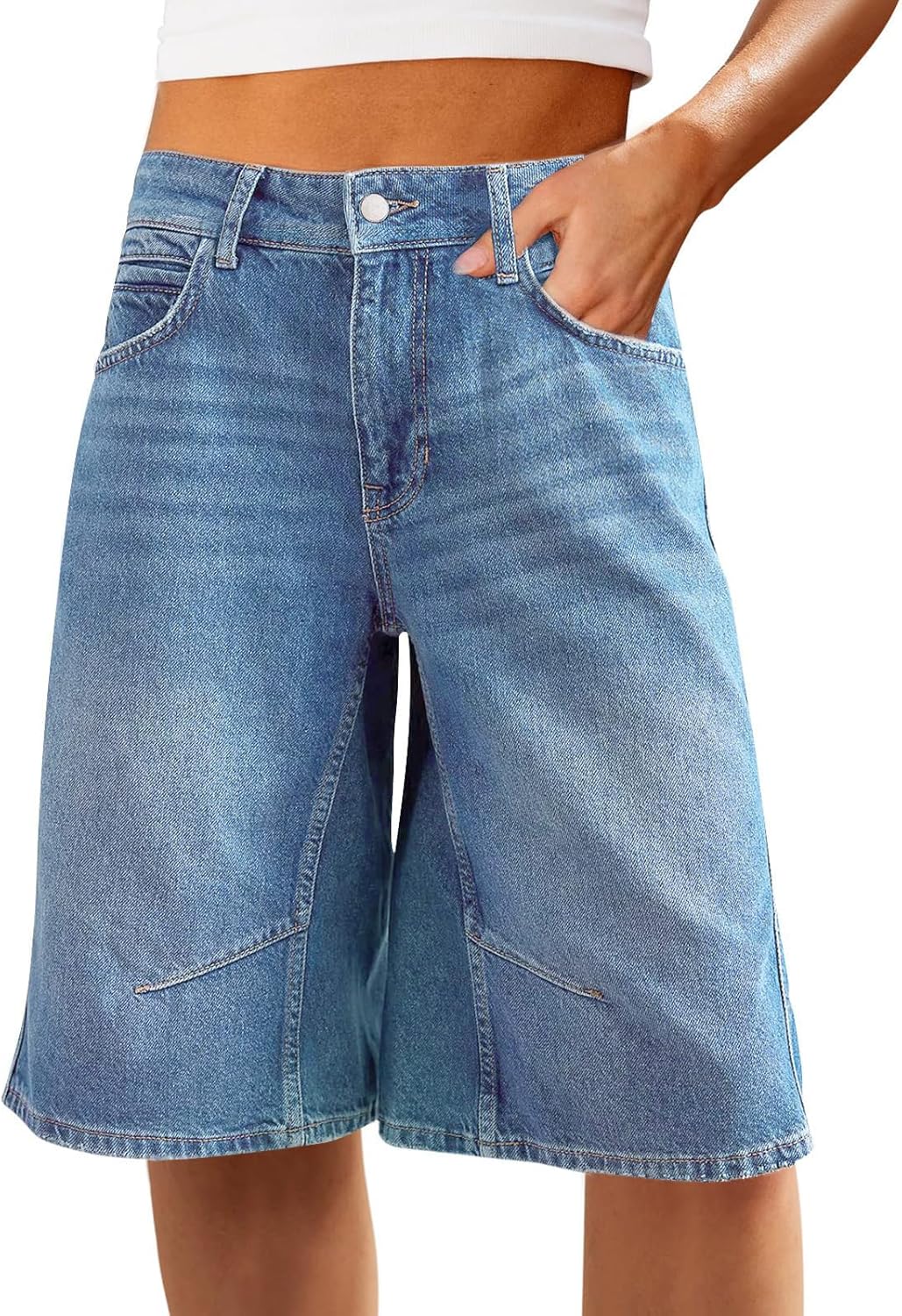 VICHYIE Womens Summer Denim Wide Leg Casual Loose Mid-Low Rise Jorts Bermuda Knee Length Jeans Short Pants