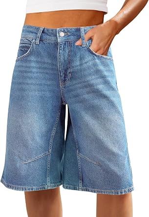VICHYIE Womens Summer Denim Wide Leg Casual Loose Mid-Low Rise Jorts Bermuda Knee Length Jeans Short Pants