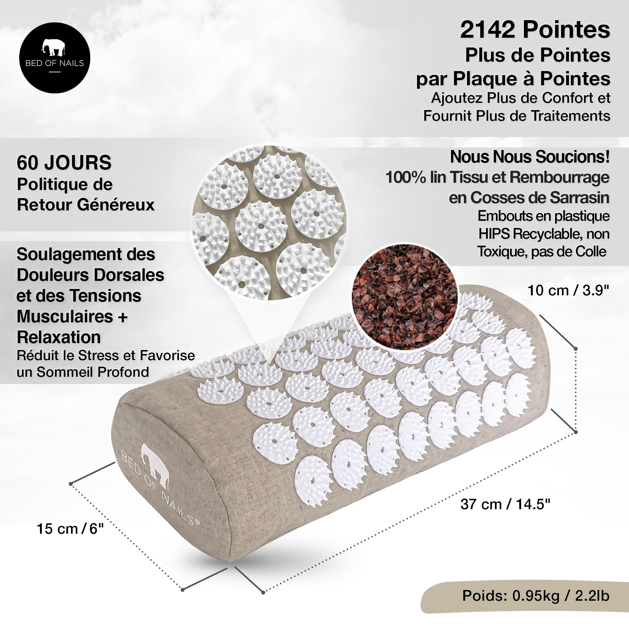 Bed of Nails Original ECO Acupression Oreiller avec 2,142 Pression Pointes pour Cou et Épaule Douleur, Dos Douleur et Stress Soulagement, Transport Sac, 38 x 15 x 10 cm