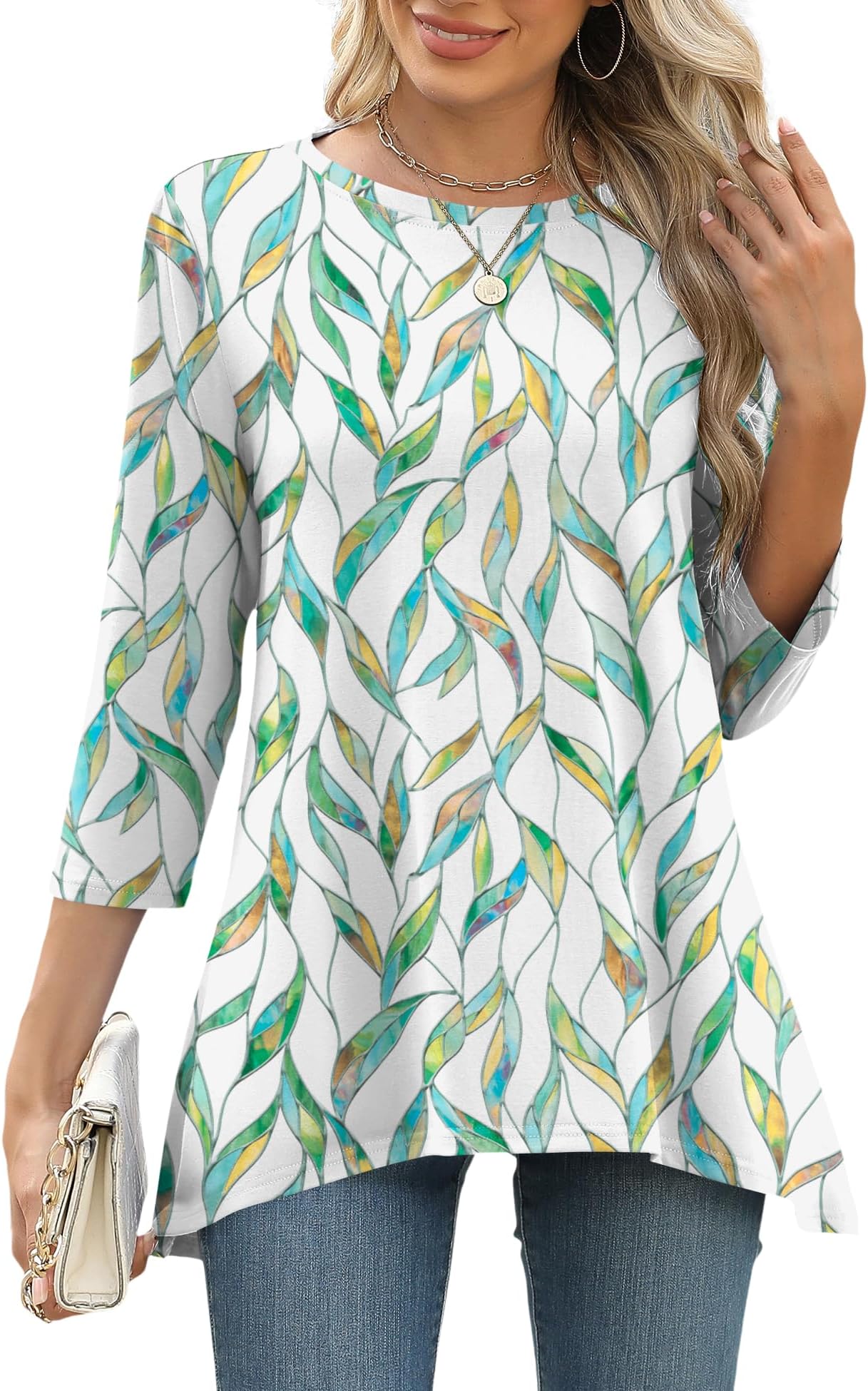 LOMON 3/4 Sleeve Tunic Tops for Women Loose Fit Dressy Casual Blouse Flowy Shirts to Wear with Leggings S-3XL