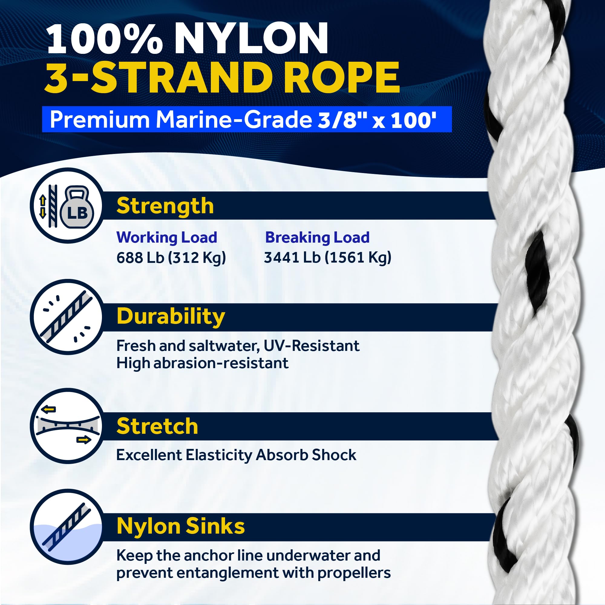 Five Oceans Boat Anchor Rope 3/8 inch x 100 ft - Marine Premium 3-Strand White Nylon - Ideal for Mooring Anchoring Windlasses Towing - FO4567-M100