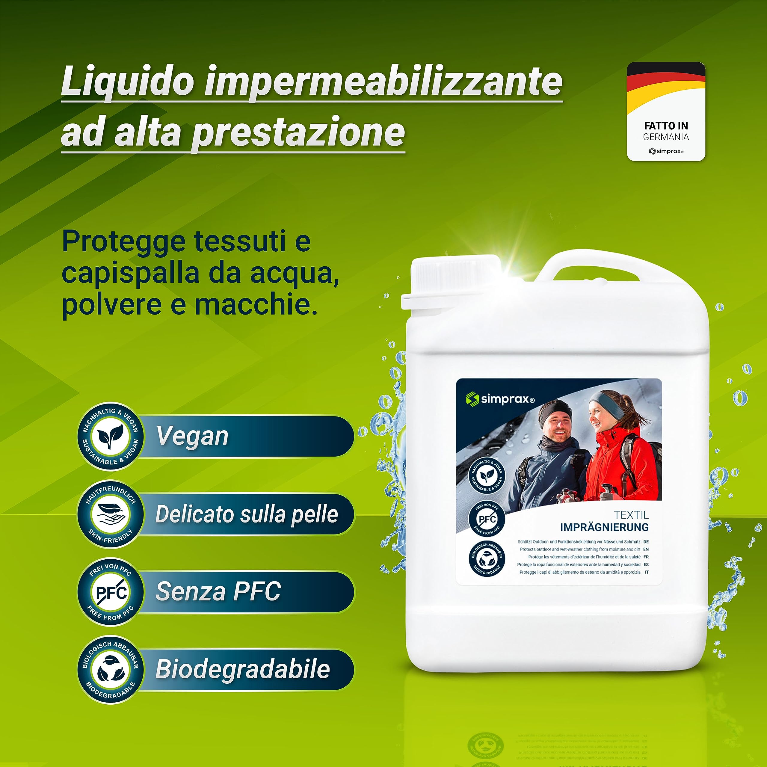 simprax® Spray impermeabilizzante per Tessuti di Lunga Durata - Speciale PE per Tessuti Outdoor e Funzionali Gore-Tex, Sympatex, Softshell - Oeko-Tex, Certificato GOTS, Senza propellenti