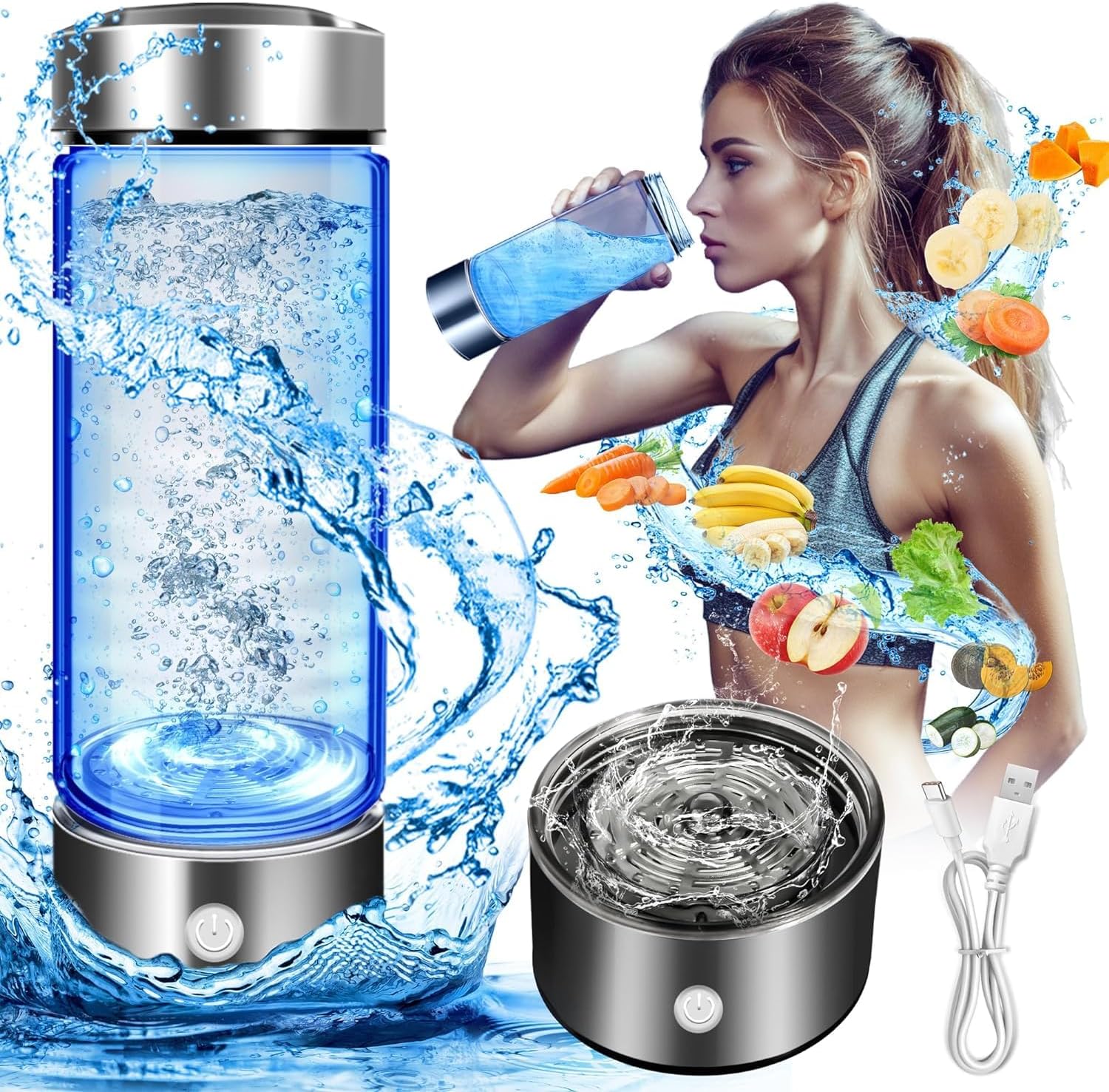 420ml Hydrogen Water Bottle,Portable Hydrogen Water Ionizer Machine,Hydrogen Water Generator Maker,Hydrogen Rich Water Glass Health Cup for Home Travel,Up to 1600PPB+Gift Box (Silver)