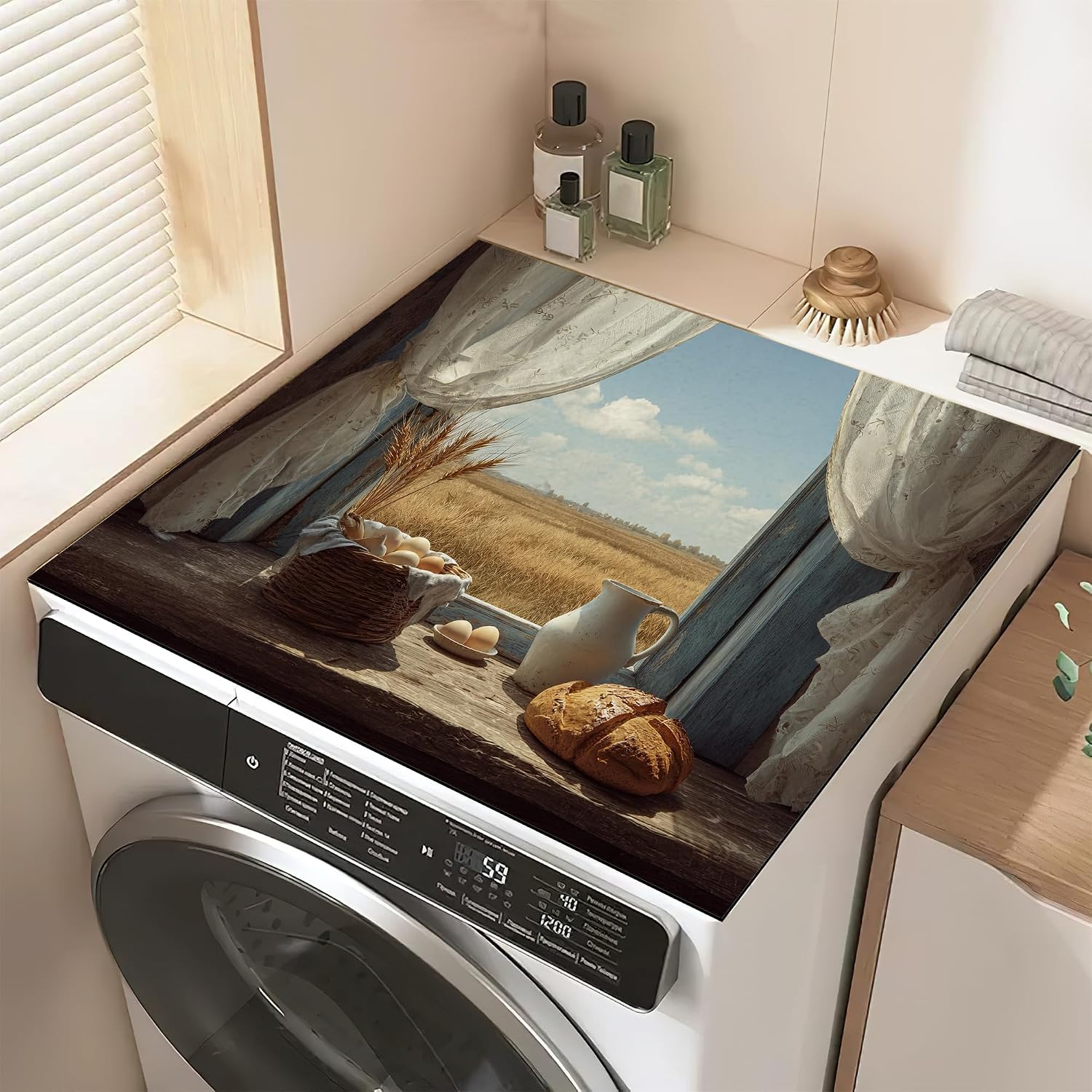 Window Wheat Field View Washer and Dryer Covers for the Top,Washing Machine Dust Cover Pad Anti-slip Absorbent Protector Mat for Washer Dryer Home Decor,23.6"x19.7"