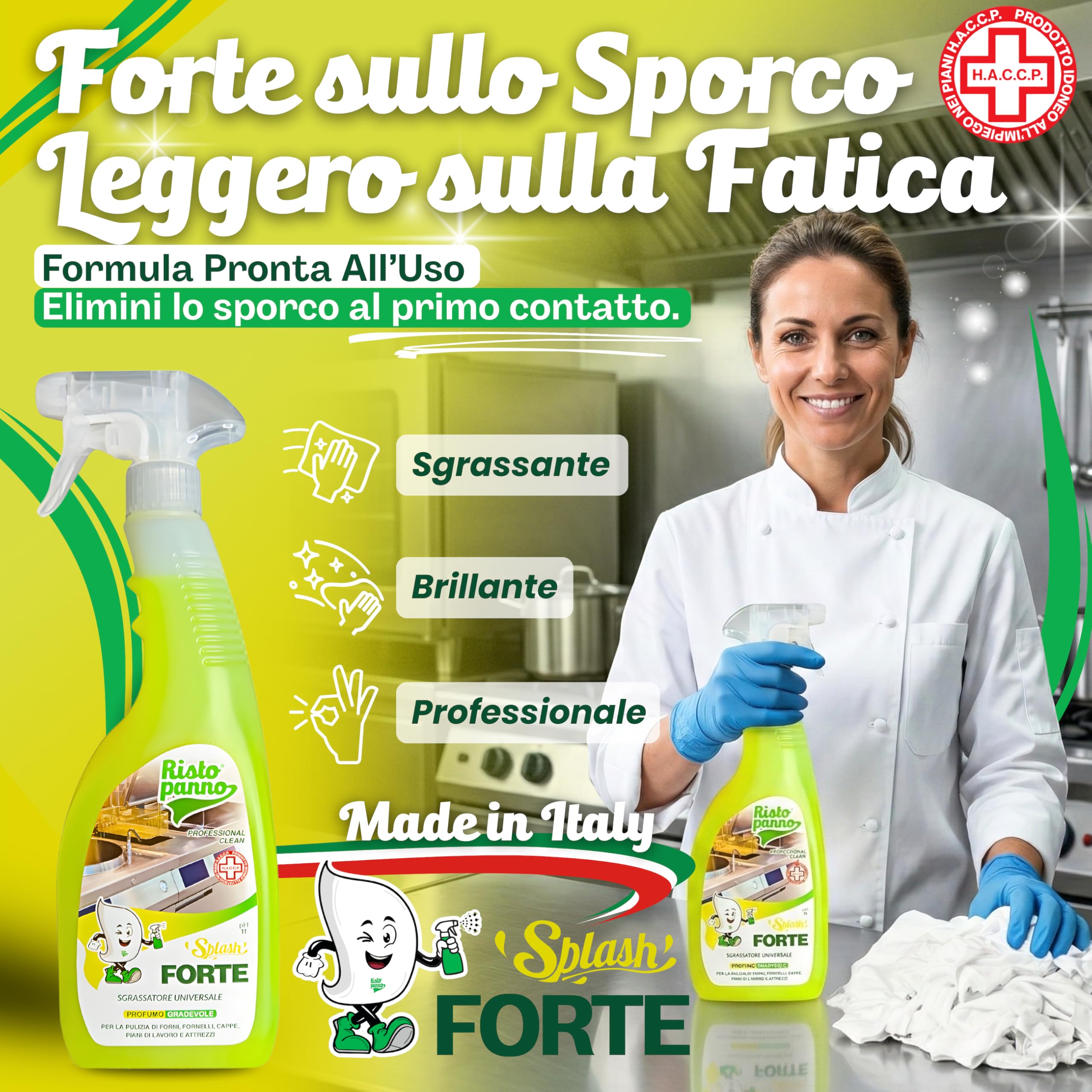 RISTOPANNO 1 x 750ml Sgrassatore Universale Professionale – Pronto all’Uso – Spray Multiuso Superfici Olio e Grasso – per Acciaio, Plastica, Cappe e Fornelli - Prodotti Pulizia - SPLASH FORTE