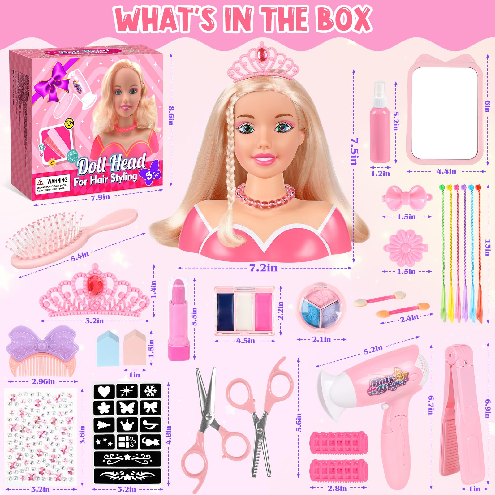 44Pcs Hair Styling Doll Head Toys for Girls, Kids Makeup Hair Salon Pretend Play Styling Kit with Hairdryer, Straightener, Beauty Hair Toy Christmas Birthday Gift for Toddler Girls 3 4 5 6+