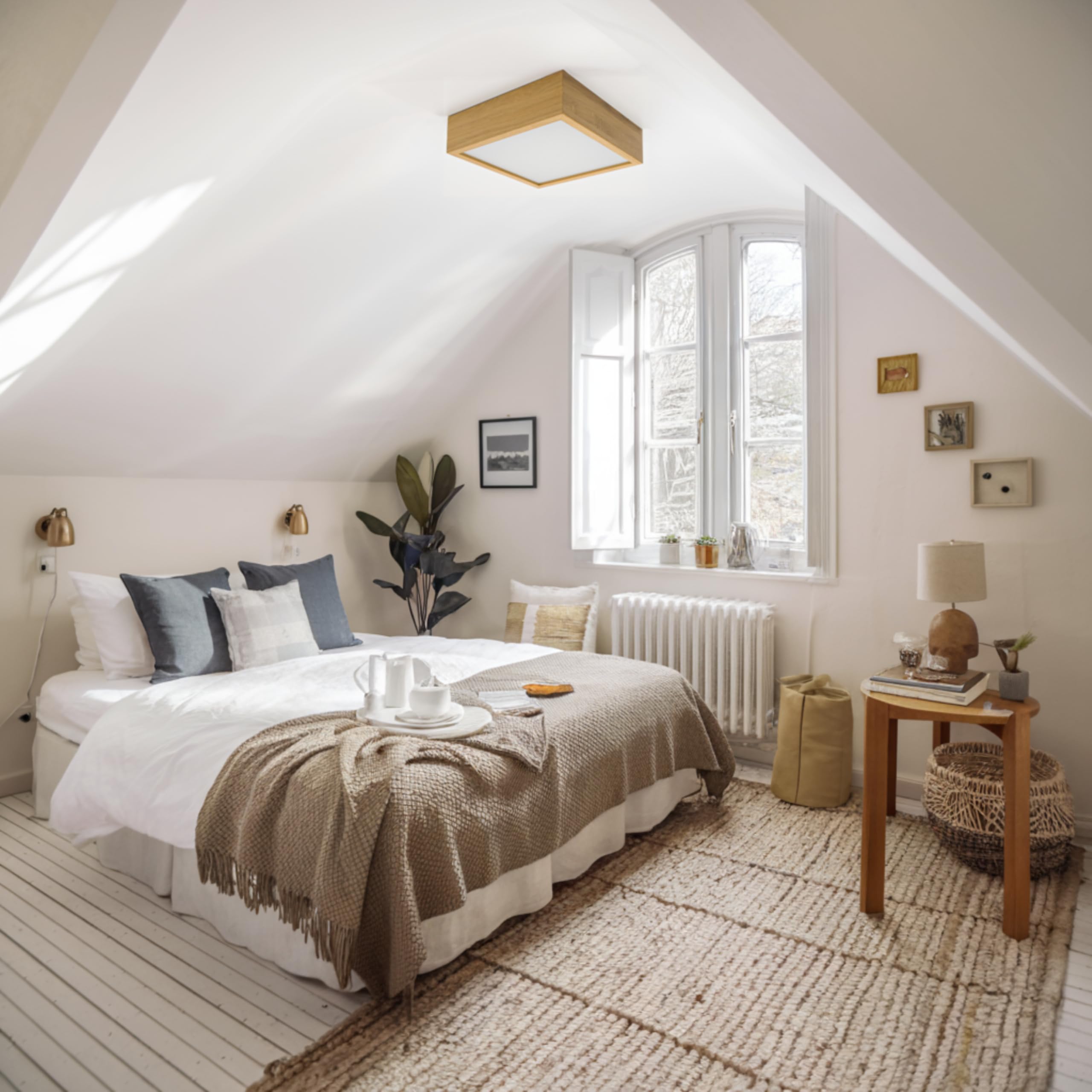 LEJA – Quadrat Deckenleuchte aus Holz & Glas, E27 Fassung, für Wohnzimmer, Küche, Bad, Schlafzimmer & mehr (Eiche, 38,5)