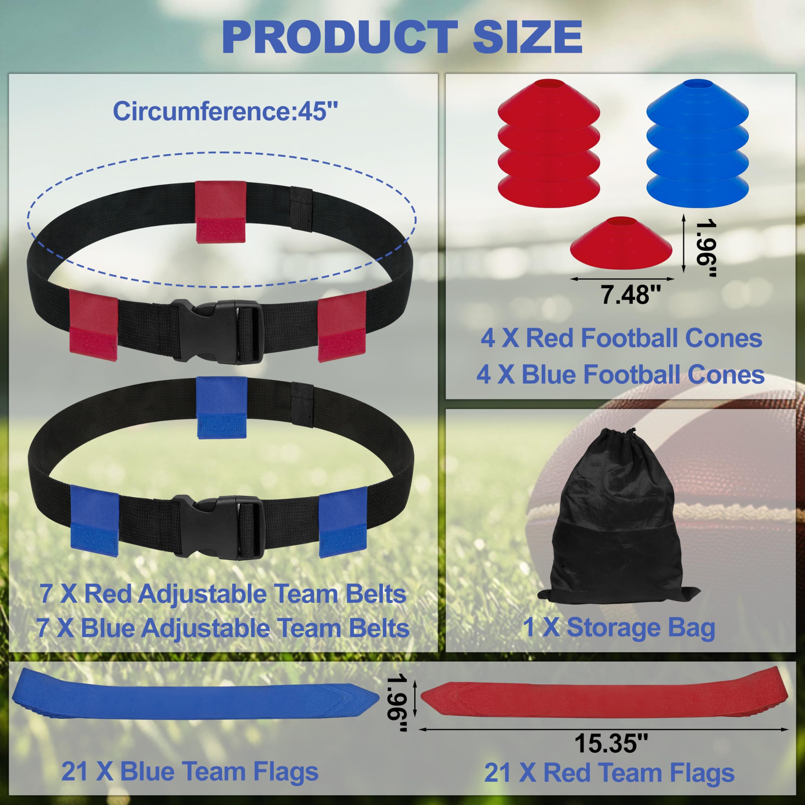 Cinturones de fútbol de bandera, juego de fútbol ajustable para 14 jugadores con 42 banderas, 8 conos de práctica y bolsa, para entrenamiento de niños, jóvenes y adultos