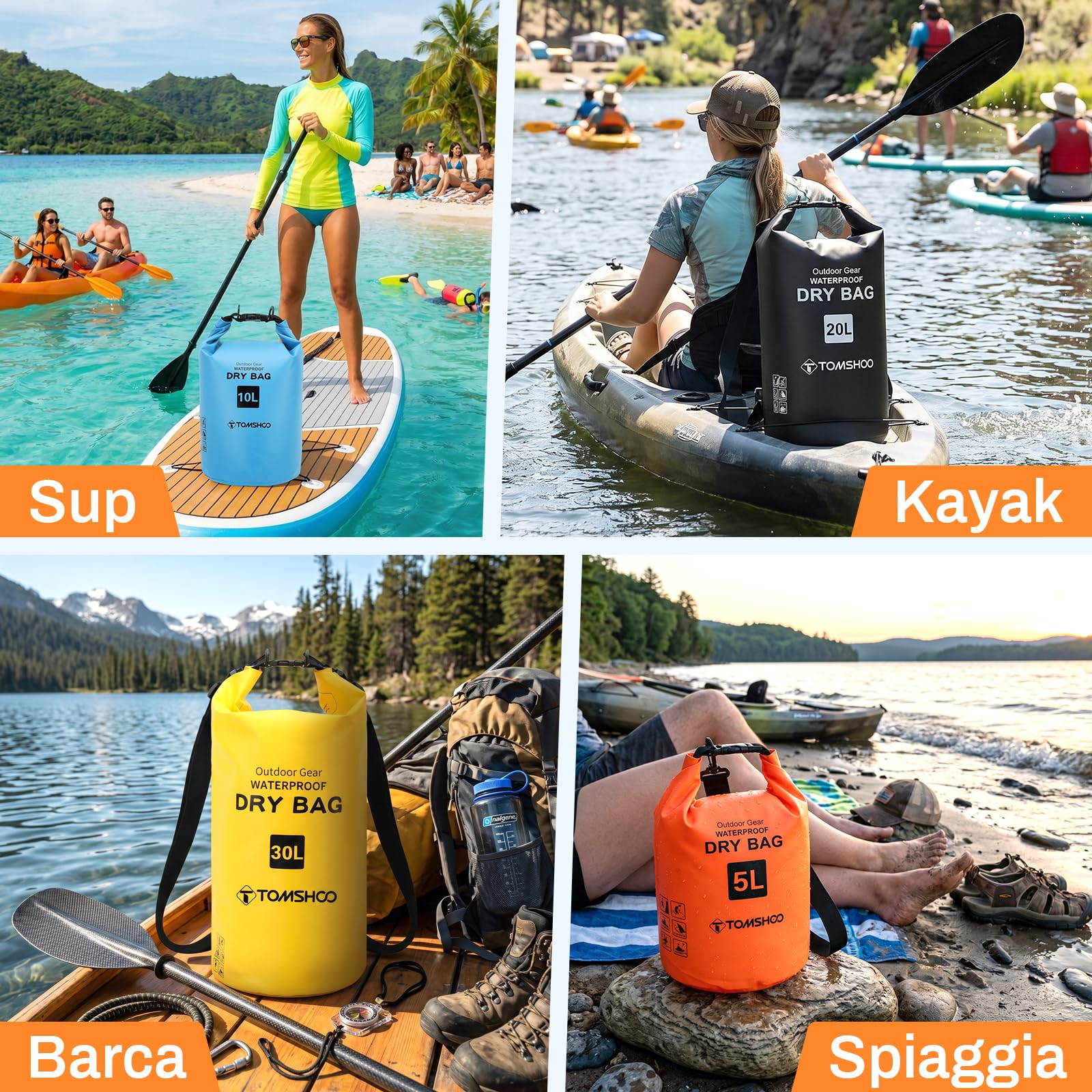 TOMSHOO Set di borse impermeabili galleggianti da 5 l/10 l/20 l/30 l | PVC 500D, impermeabile e antistrappo, borsa impermeabile con tracolla regolabile, per kayak, pesca, nuoto e campeggio