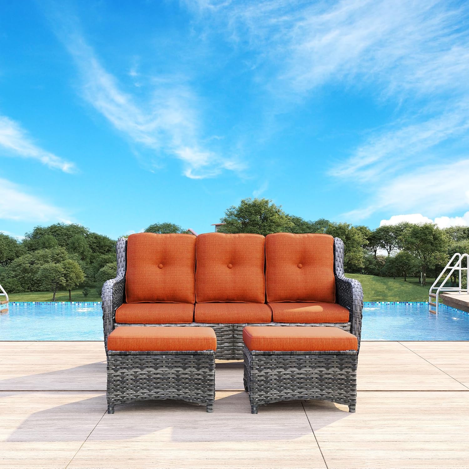 Patio Furniture Set 3-Piece Wicker Outdoor Furniture Conversational Sets with 3-Seat Sofa, 2 Ottoman Patio Rattan Wicker Sectional Sofa Set with Olefin Cushions, Orange
