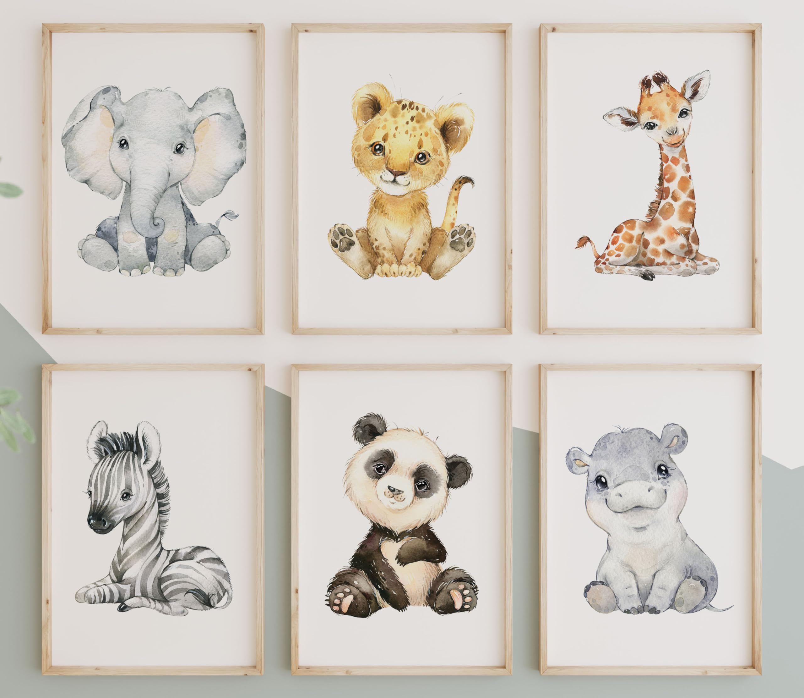 Safari Animals Set of 6 Baby Girl or Boy Nursery Unframed Prints, Bedroom Decor Wall Art Posters, Elephant Lion Giraffe (A4)
