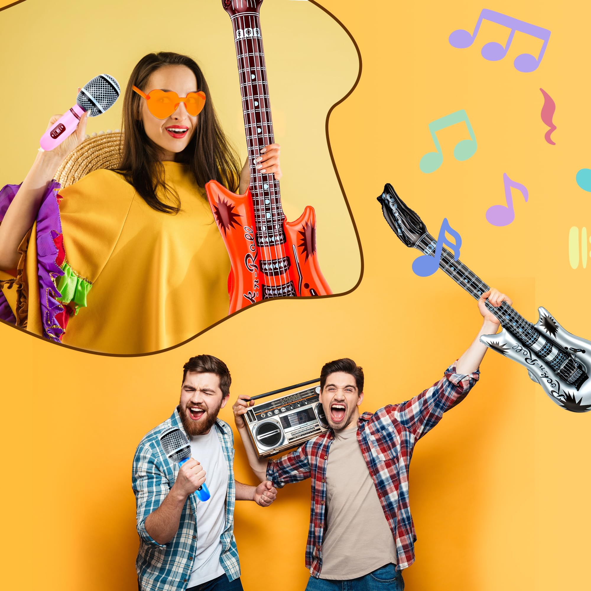 Il set di giocattoli gonfiabili Rock Star include 18 microfoni gonfiabili, 18 chitarre gonfiabili, 18 occhiali da sole colorati a forma di cuore e 2 pompe ad aria per bomboniere musicali anni