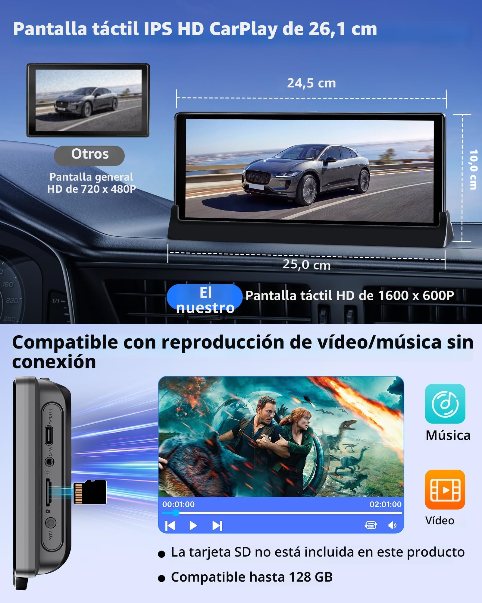 Jansite Pantalla Carplay Cocho Android Auto con Soporte Personalizado 10,26 Pulg Navegador GPS Coche Pantalla Carplay con Bluetooth Siri/GOO-gle