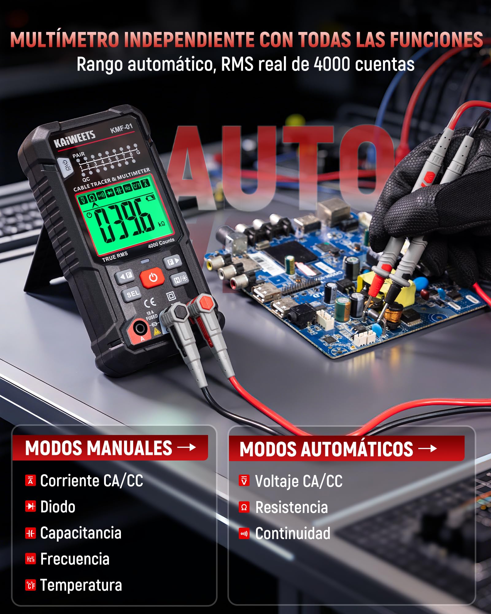 KAIWEETS Multímetro Digital y Localizador de Cables 3 en 1, Polimetro digital Automático 4000 cuentas RMS reales, Lcalizador de Cables RJ45/RJ11 con NCV para Electricistas, Bricolaje Doméstico,Etc