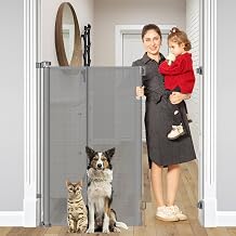 Reinforced 48" Extra Tall Dog Gate with Support Rods, 4 Ft Tall Retractable Dog Gates for Doorways 55" Wide Mesh Baby Gate for Cats - Prevent Baby/Pet from Jumping Over, Gray