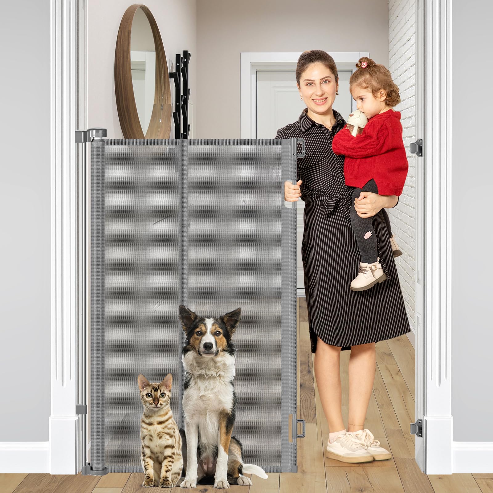 Photo 1 of ***STOCK PHOTO FOR REFERENCE ONLY***Reinforced 48" Extra Tall Dog Gate with Support Rods, 4 Ft Tall Retractable Dog Gates for Doorways 55" Wide Mesh Baby Gate for Cats - Prevent Baby/Pet from Jumping Over, Gray