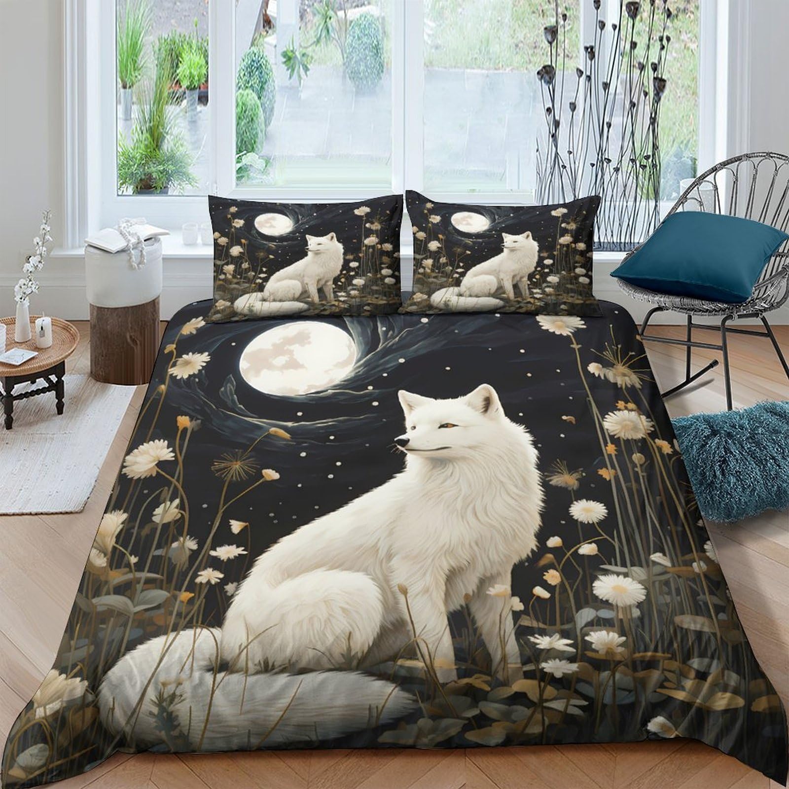 Ctjqhvkz Style-9 3D Printed Moonlit Forest Fitted Sheet Microfiber Soft Non-Slip White Fox Mattress Cover For Bedroom Dorm Decor Single（135X200cm）