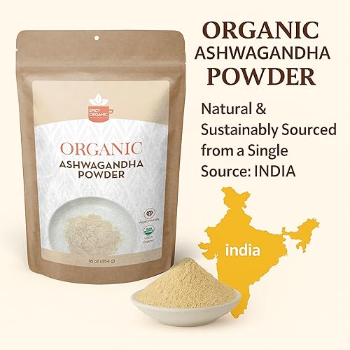Miniatura 9 de SPICY ORGANIC Polvo de raíz de Ashwagandha de 8 onzas, ginseng indio puro y crudo (Withania Somnifera), una alternativa versátil para suplementos,
