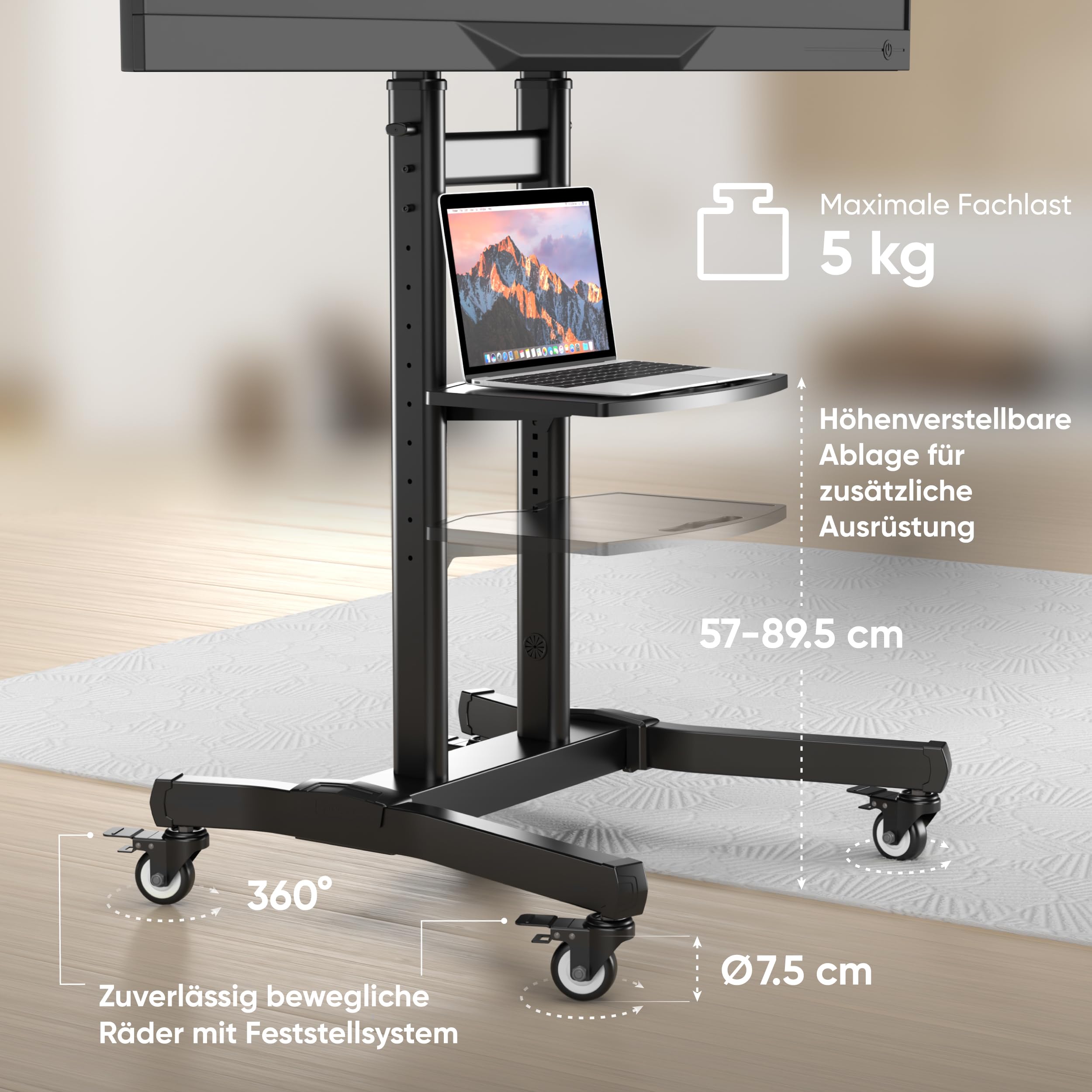 ONKRON TV Ständer rollbar für 50-90 Zoll Fernseher, max Last 100 kg, TV Standfuss höhenverstellbar neigbar, Fernseh Rollwagen max VESA 800x600, Fernsehständer mit Rollen, Ablage Schwarz TS1891-B