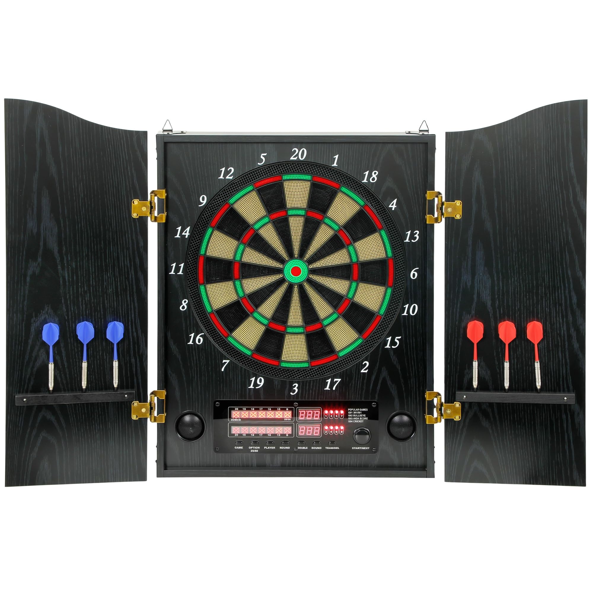 SPORTNOW Dartscheibe Elektronische Dartscheibe mit Schrank Holzoptik LED Anzeige Sprachansagen, 6 Softdarts, 24 Ersatzspitzen, 25 Spiele, 202 Varianten, 1-8 Spieler