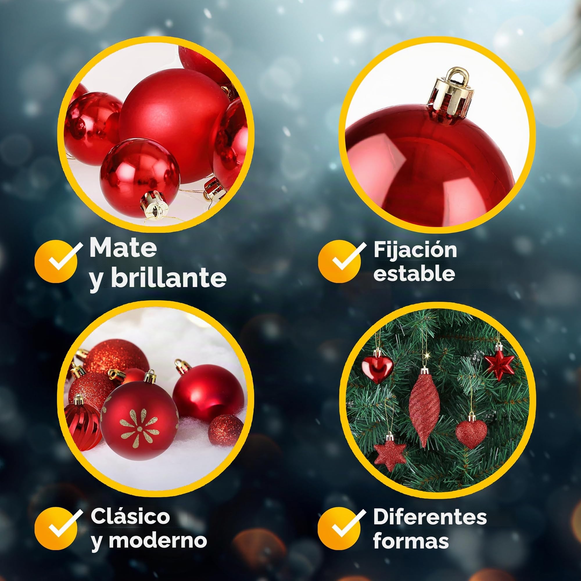 DEUBA® Bolas Adornos para Árbol de Navidad Set Completo 103Pzs. Decoración Navideña Colgante Rojo