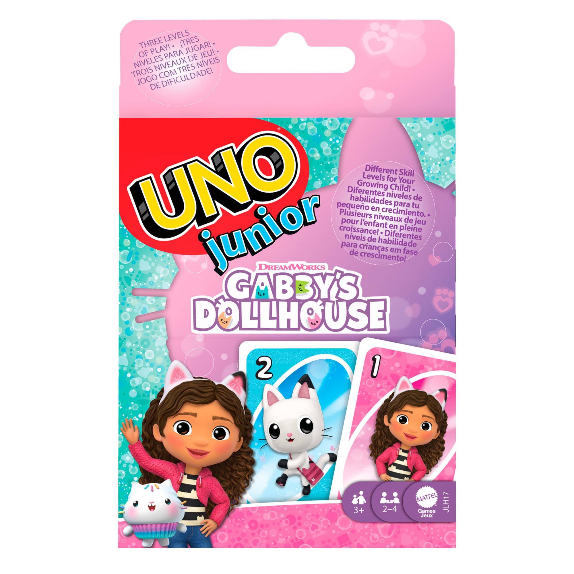 Mattel Games UNO Junior Gabby’s Dollhouse Kartenspiel für Kinderfeiern, Familienabende, Ferien und Reisen, JLH17