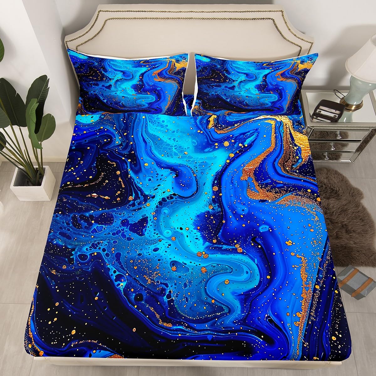 Marble Sheet Set, Trippy Grunge Fluid Fitted Sheet, Golden Little Bit Tie Dye Deep Pocket, Swirl Gothic Impressionist Abstract Art Bedding Sets with 1