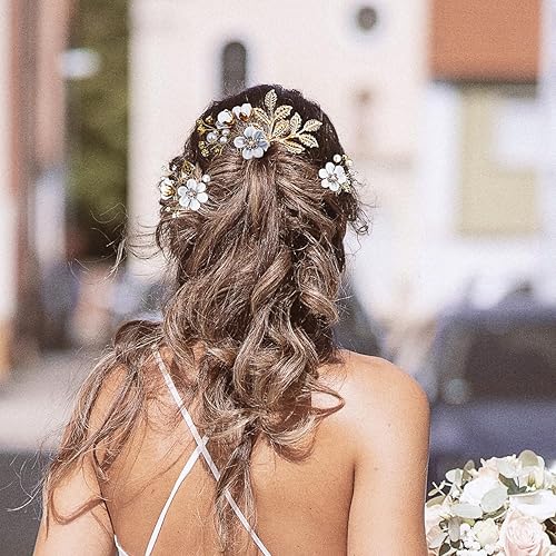 Miniatura 4 de 5 horquillas para el pelo de boda con flores para novia, perlas, diamantes de imitación, horquillas para el cabello de hoja dorada, joyería para el