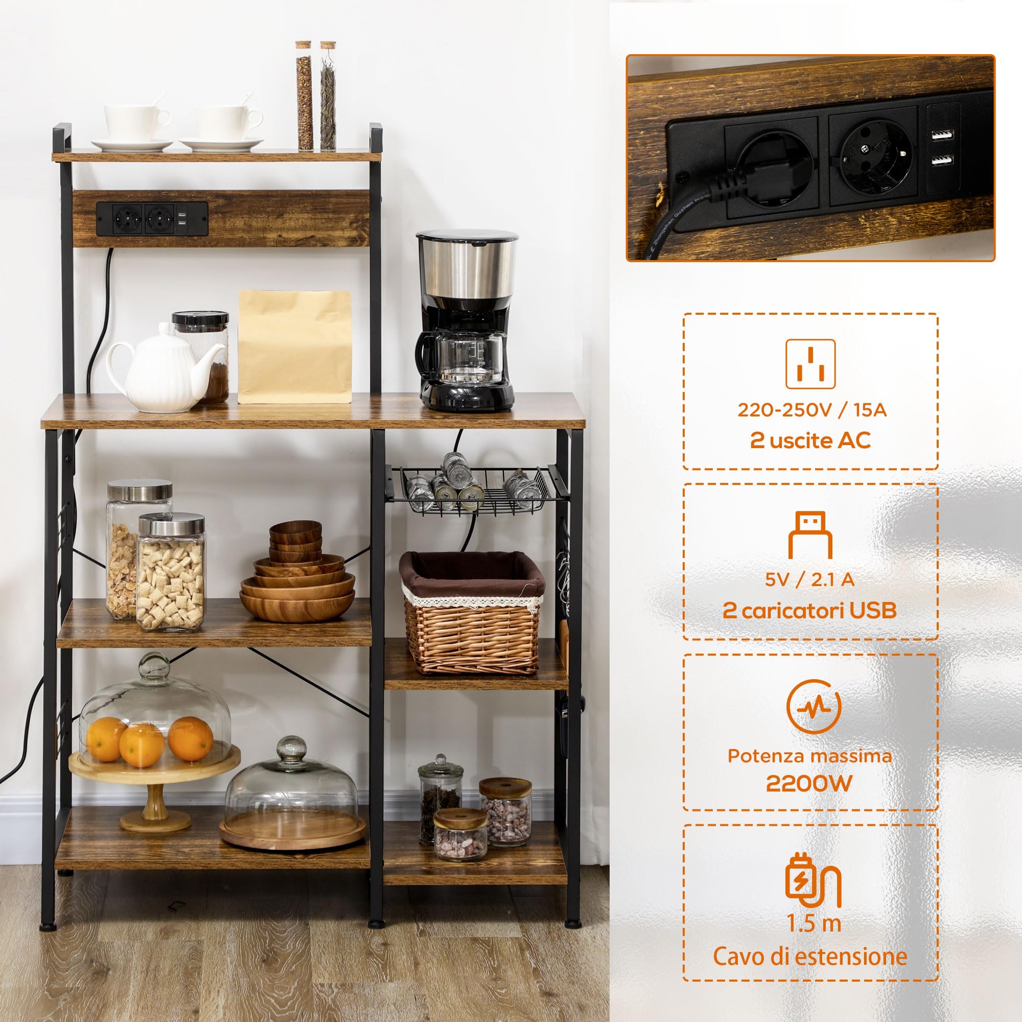 HOMCOM Scaffale da Cucina con Multipresa, Mobile Cucina per Microonde con Ripiani e Cestino a Rete Stile Industriale, 90x42x130cm, Marrone