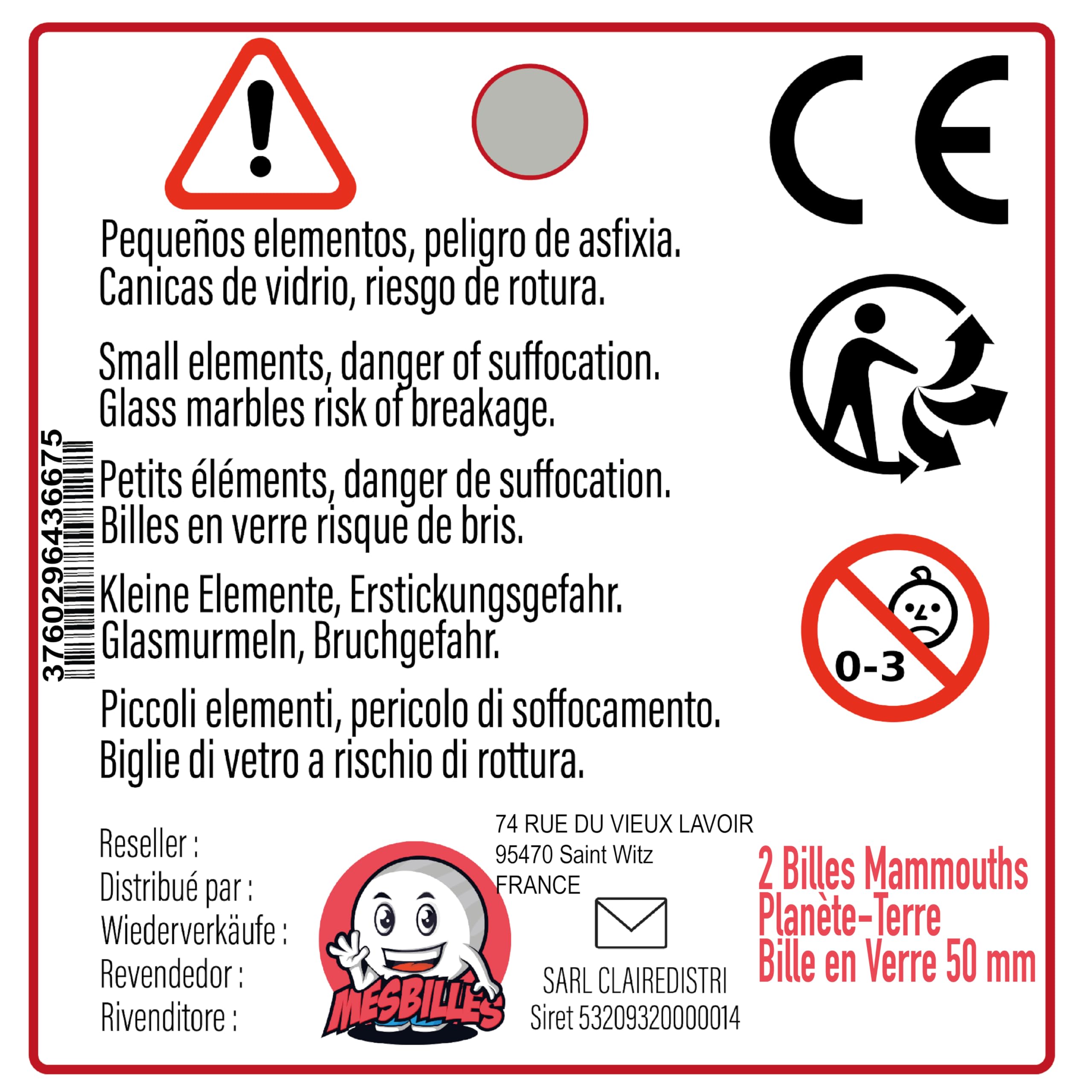 2 Billes Mammouths Planète-Terre - Bille en Verre 50 mm