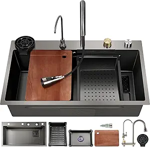 Rengue Waterfall Kitchen Sink, Drop In Single Bowl, Gray 304 Stainless Steel Workstation with Pull-Out Faucet and Multiple Accessories, 31.4917.778.66 Inch, RG-KSK01