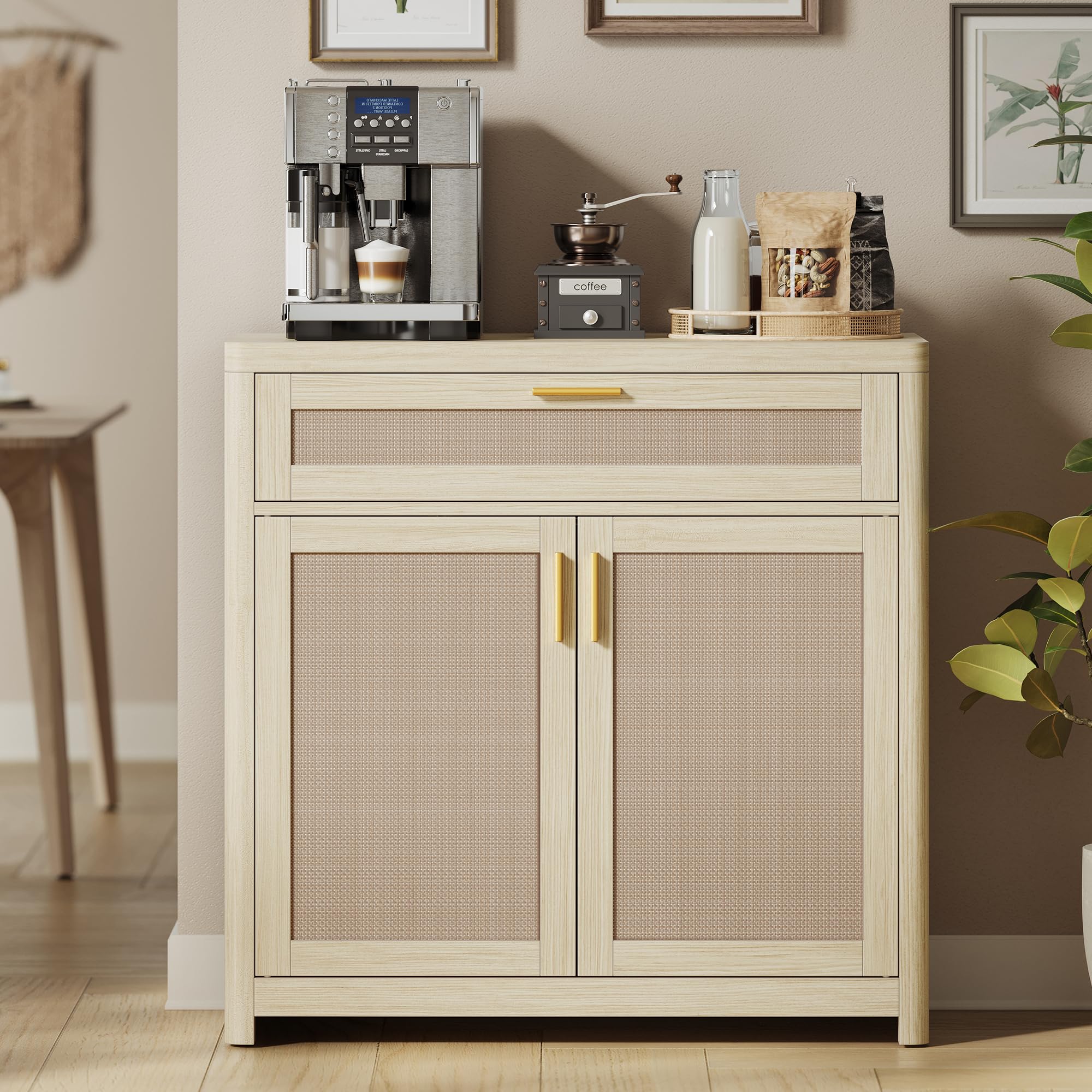 VASAGLE ELLAN Kollektion - Küchenschrank, Sideboard Boho-Stil, Türen in Rattan-Optik, Aufbewahrungsschrank, abgerundete Ecken, verstellbare Ablage, Schublade, Küche, naturbeige BBK601LC01