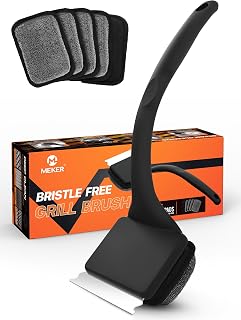 MEKER Bristle-Free Grill Brush with 5 Replacement Heads - Safe BBQ Cleaner for Cast Iron & Stainless Steel Grates