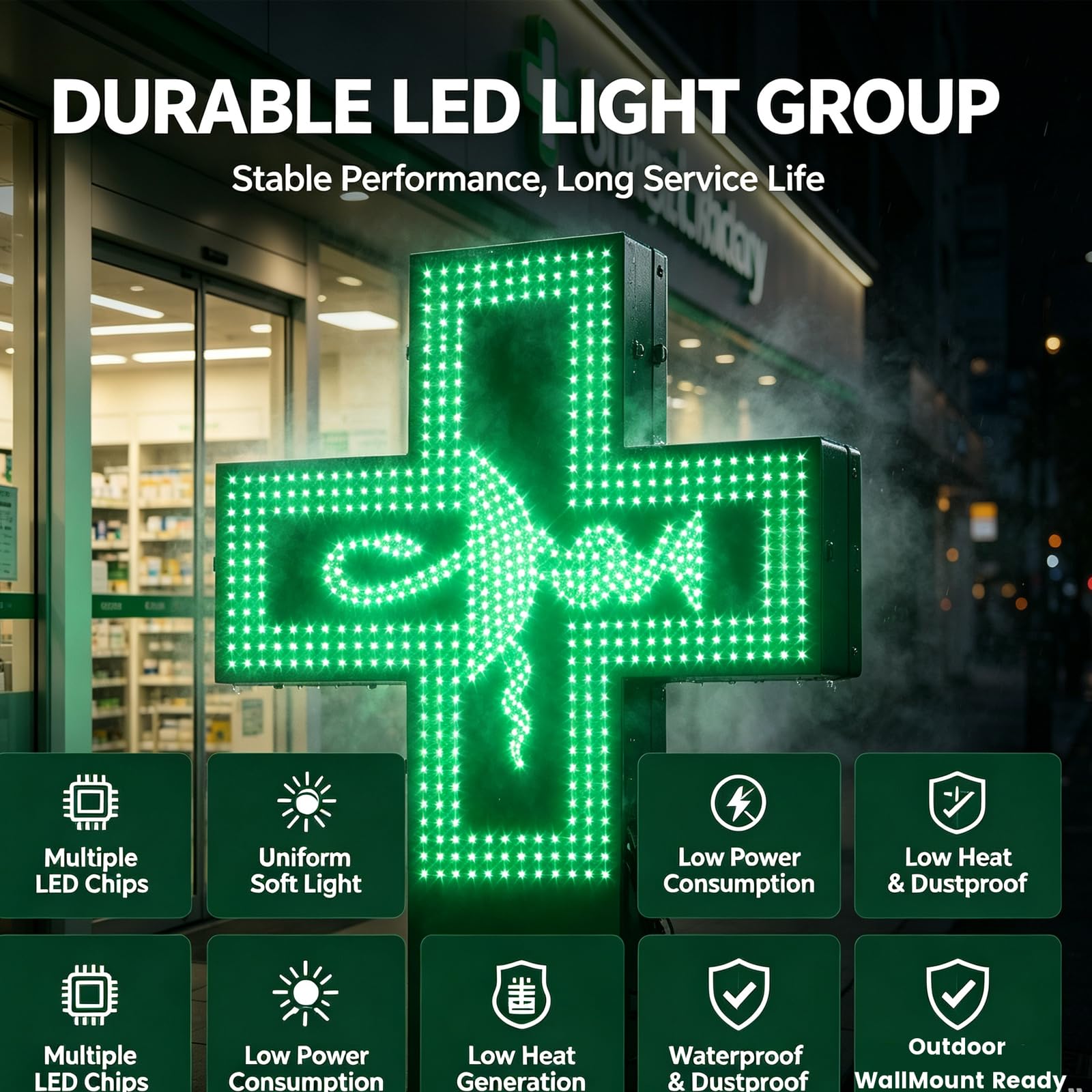 Cartellonistica Medica A LED, 4 modalità di Illuminazione, 8 Livelli di Luminosità, Materiale Impermeabile, Insegna al Neon A LED A Croce per Farmacia con Telecomando, Forte Effetto Visivo