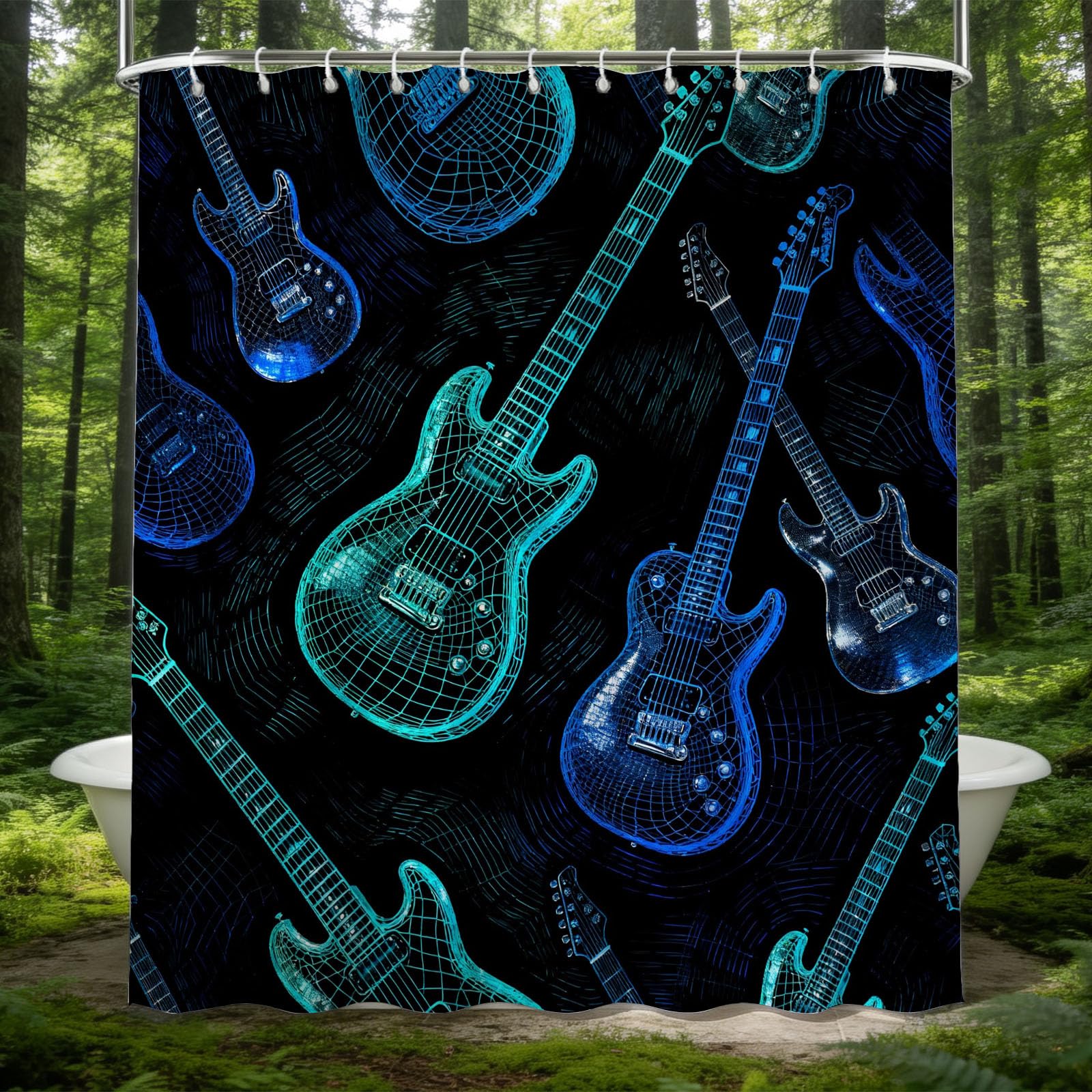 Hongduo 3D Rock Guitar Shower Curtain for Stalls Bathtubs Music Theme Bathroom Decor Shower Curtain Set Polyester Fabric Waterproof 200x200cm/79X79 Inch with Hooks
