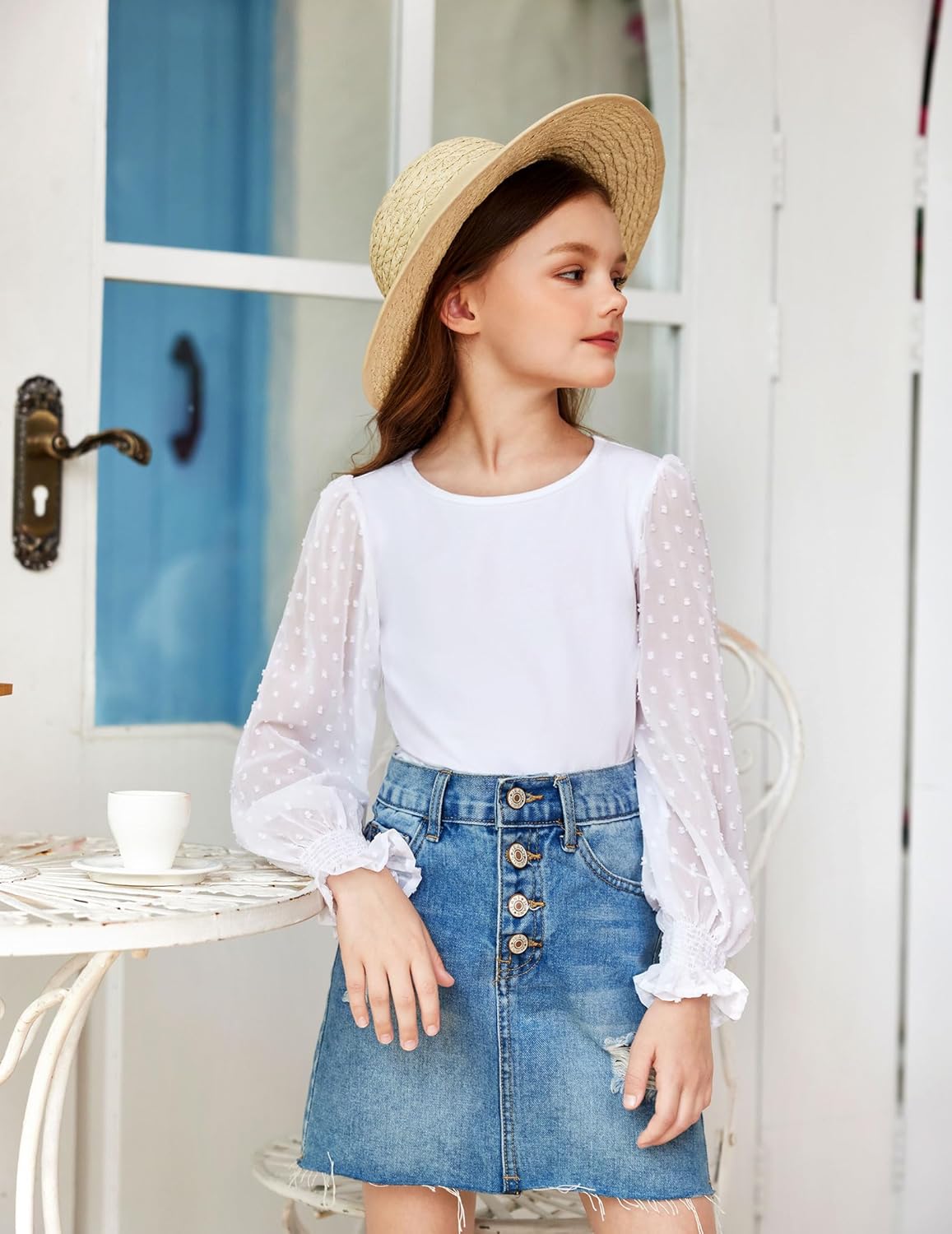 Arshiner Girls Long Sleeve Shirt with Ruffle Cuffs Polka Swiss Dots Kids Girls Pullover Shirts Cute Crewneck Girls Top - Image 4