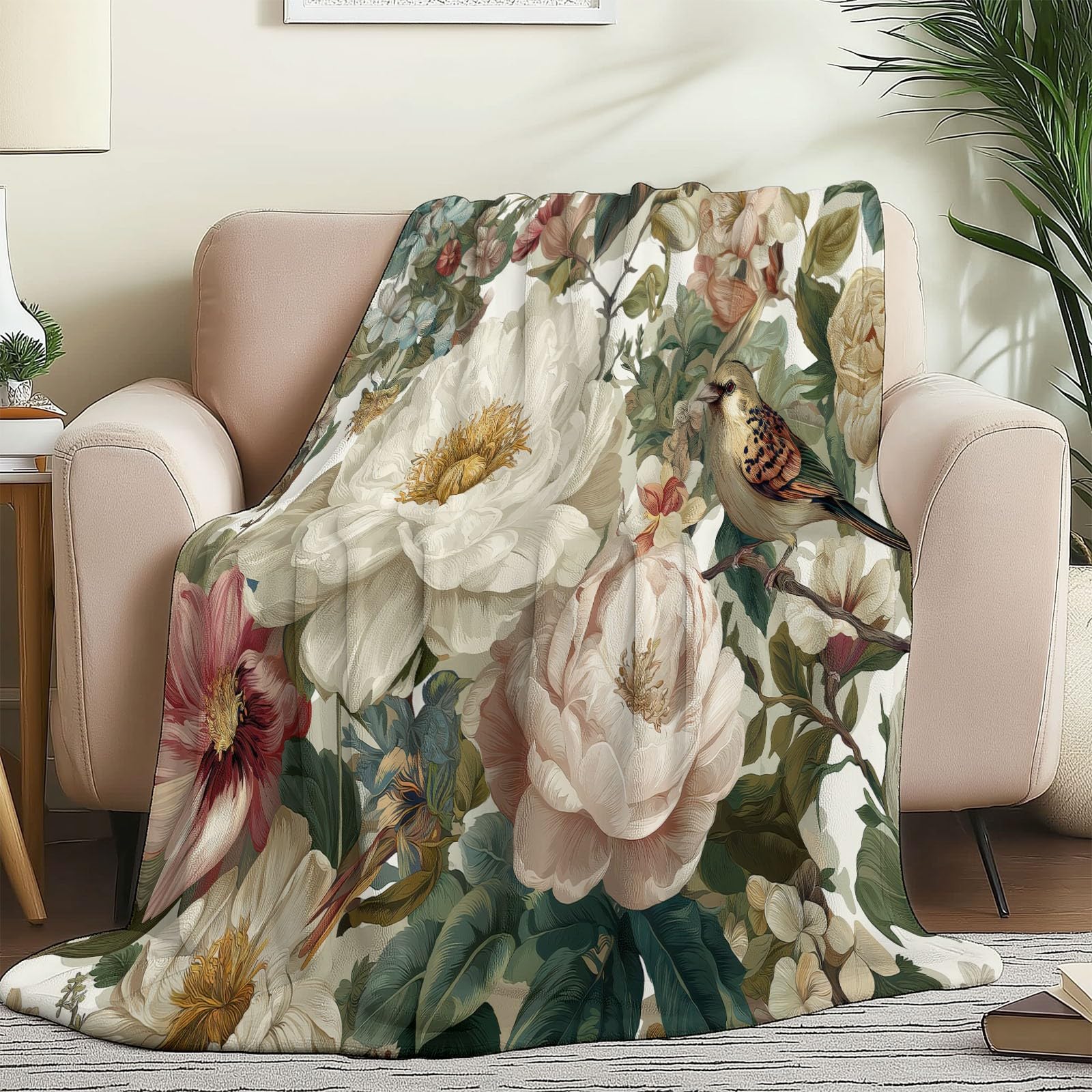 Manta de forro polar de franela, crema suave duradera cálida peluche 200 x 220 cm mantas, vintage plantas enredaderas rosas flores impresión manta franela día de la madre Navidad regalos para mamá