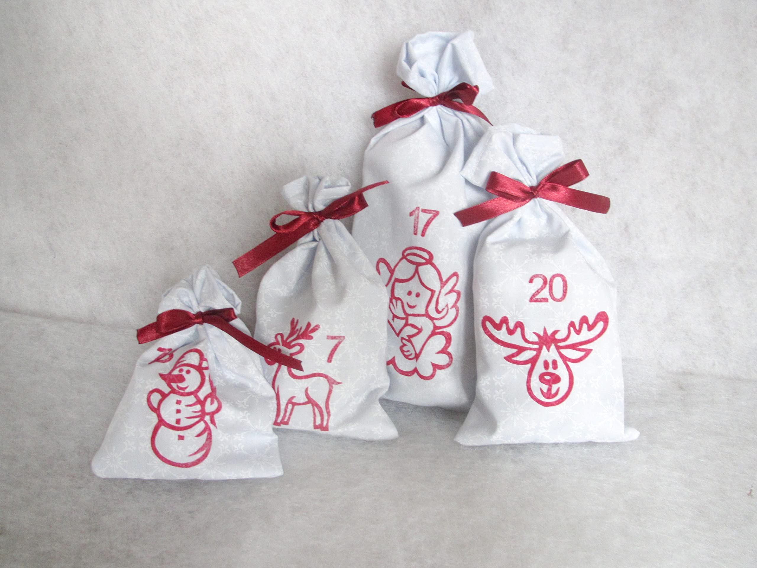 Adventskalender, handbedruckt mit Motivstempeln,24 Säckchen, zum Befüllen